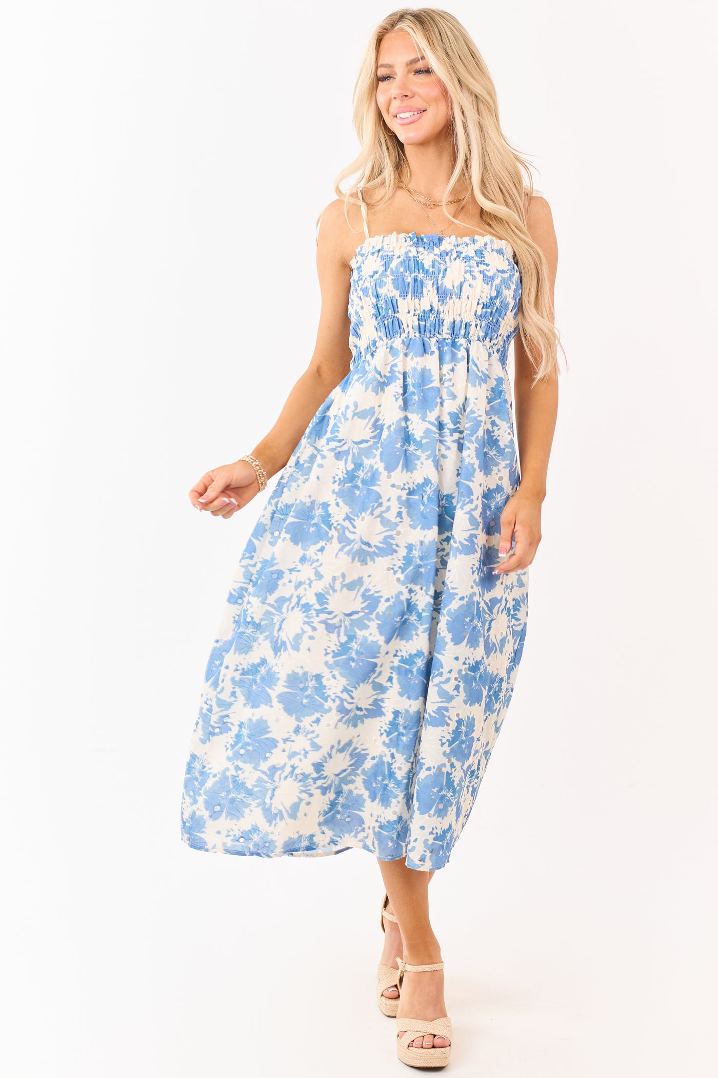 Cream Eyelet Floral Print Smocked Midi Dress