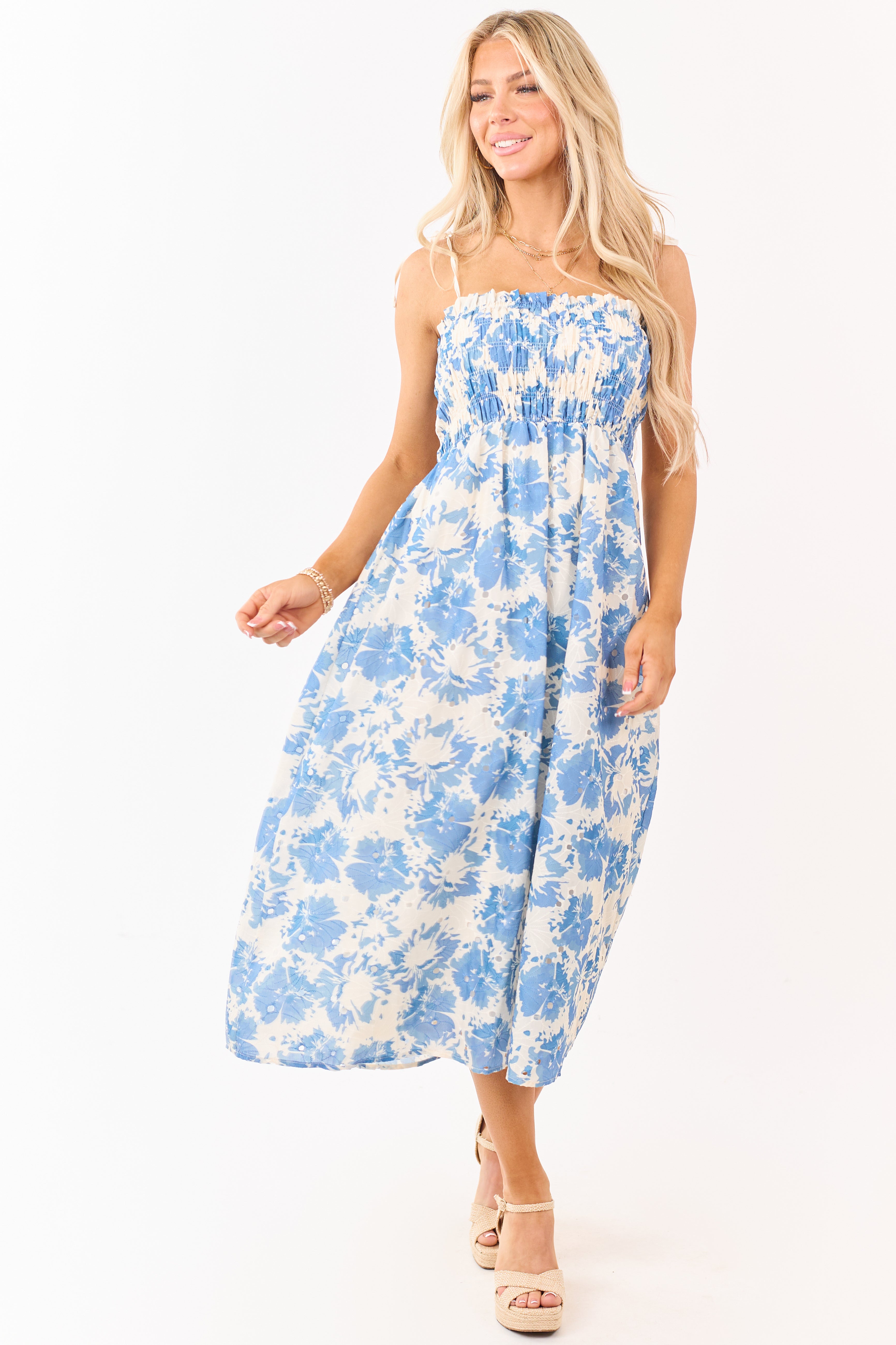 Cream Eyelet Floral Print Smocked Midi Dress