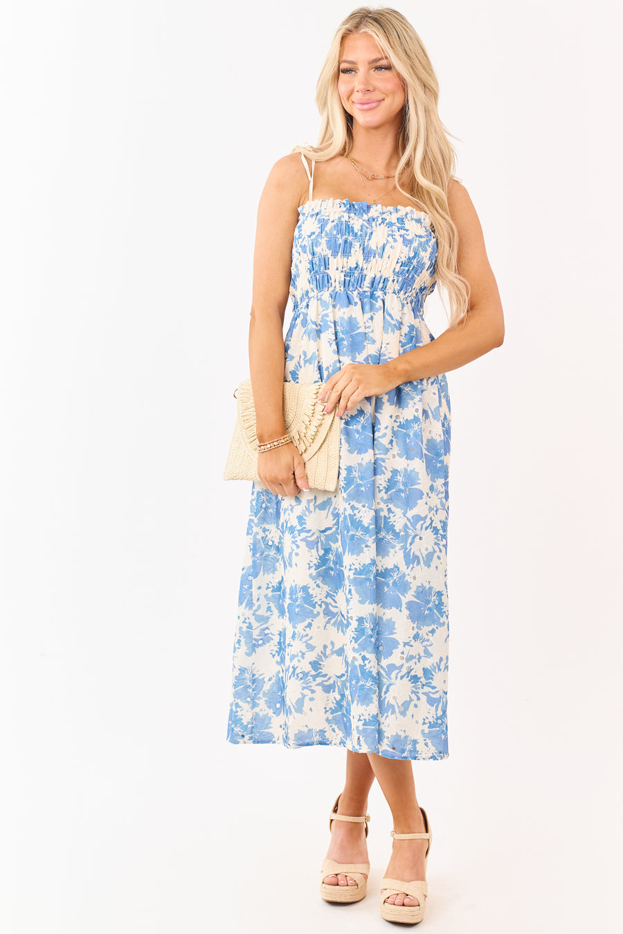 Cream Eyelet Floral Print Smocked Midi Dress