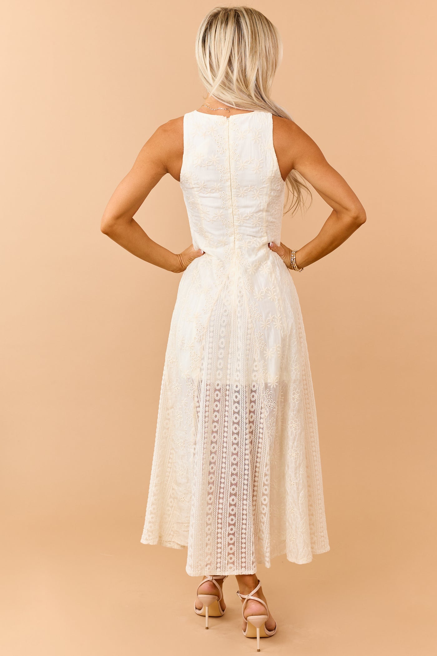 Cream Eyelet Lace Embroidered Sleeveless Maxi Dress