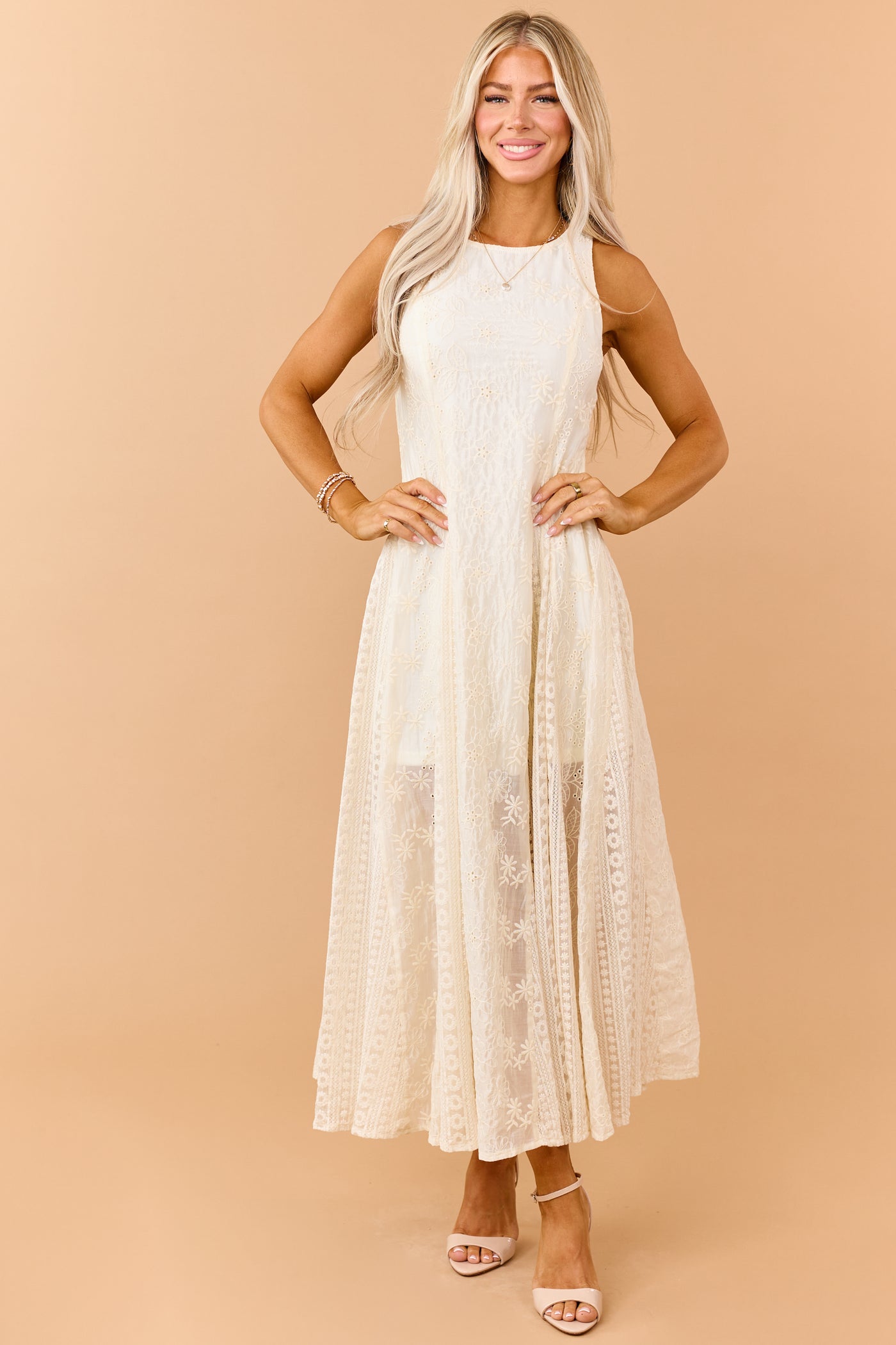 Cream Eyelet Lace Embroidered Sleeveless Maxi Dress