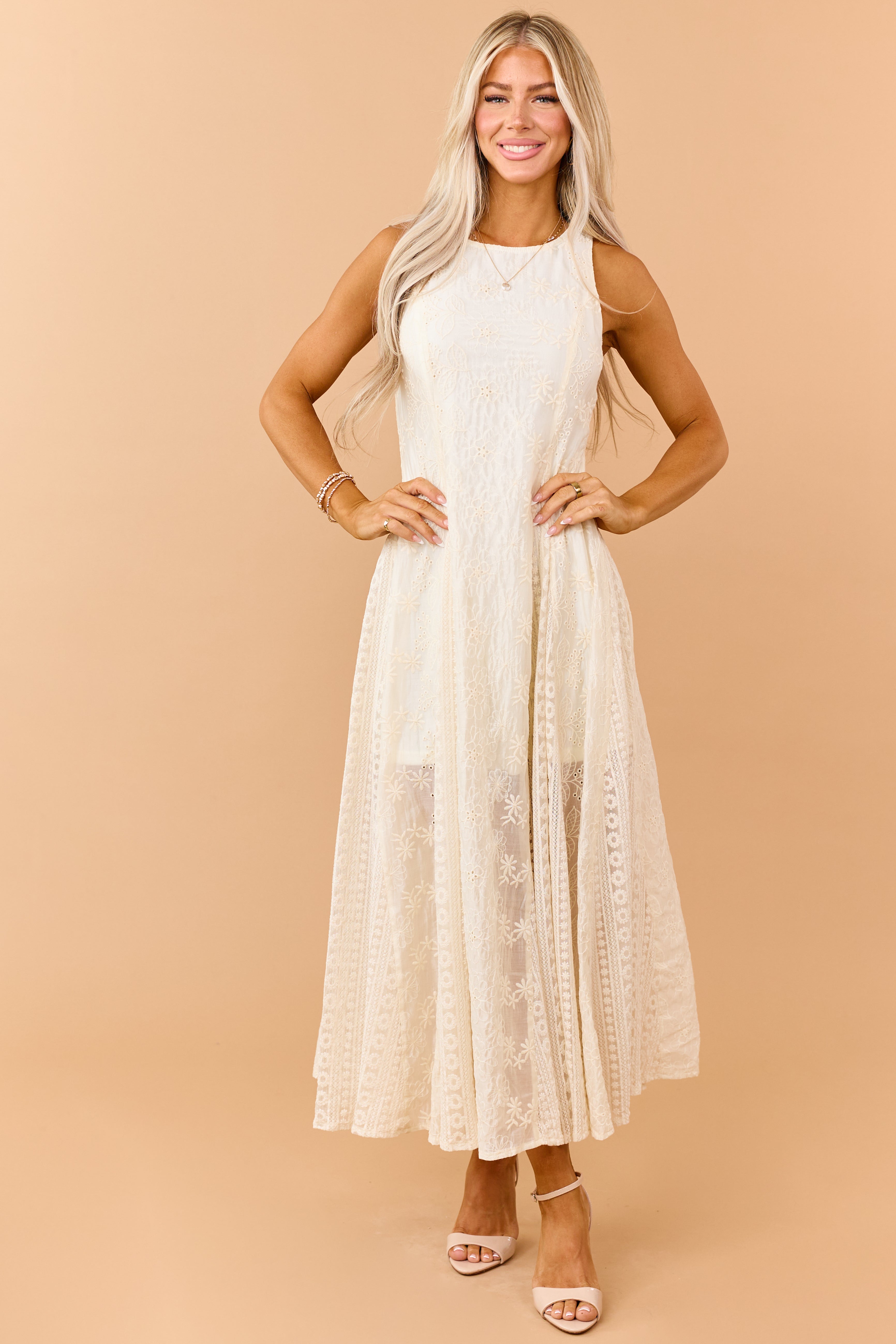Cream Eyelet Lace Embroidered Sleeveless Maxi Dress