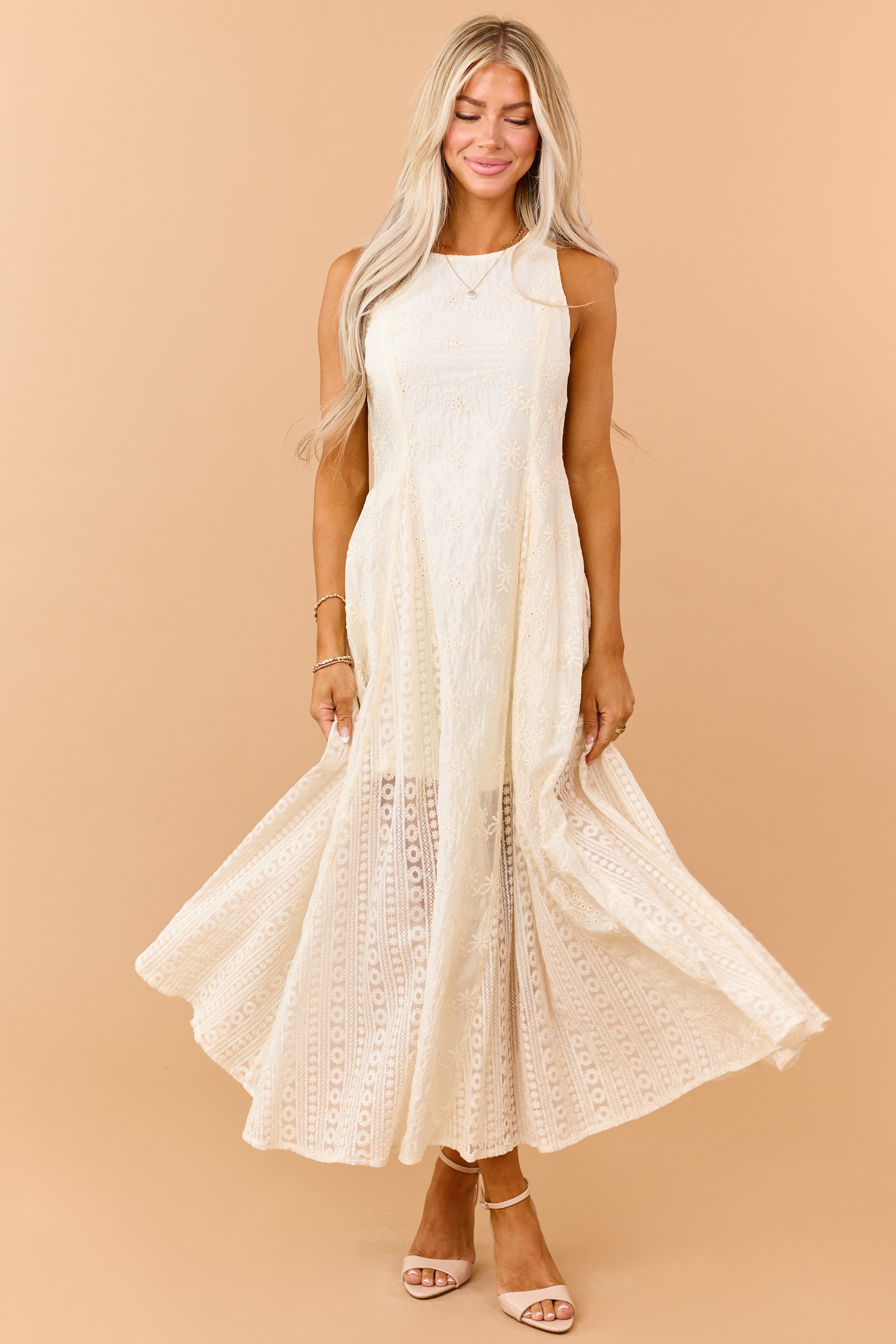 Cream Eyelet Lace Embroidered Sleeveless Maxi Dress | Lime Lush