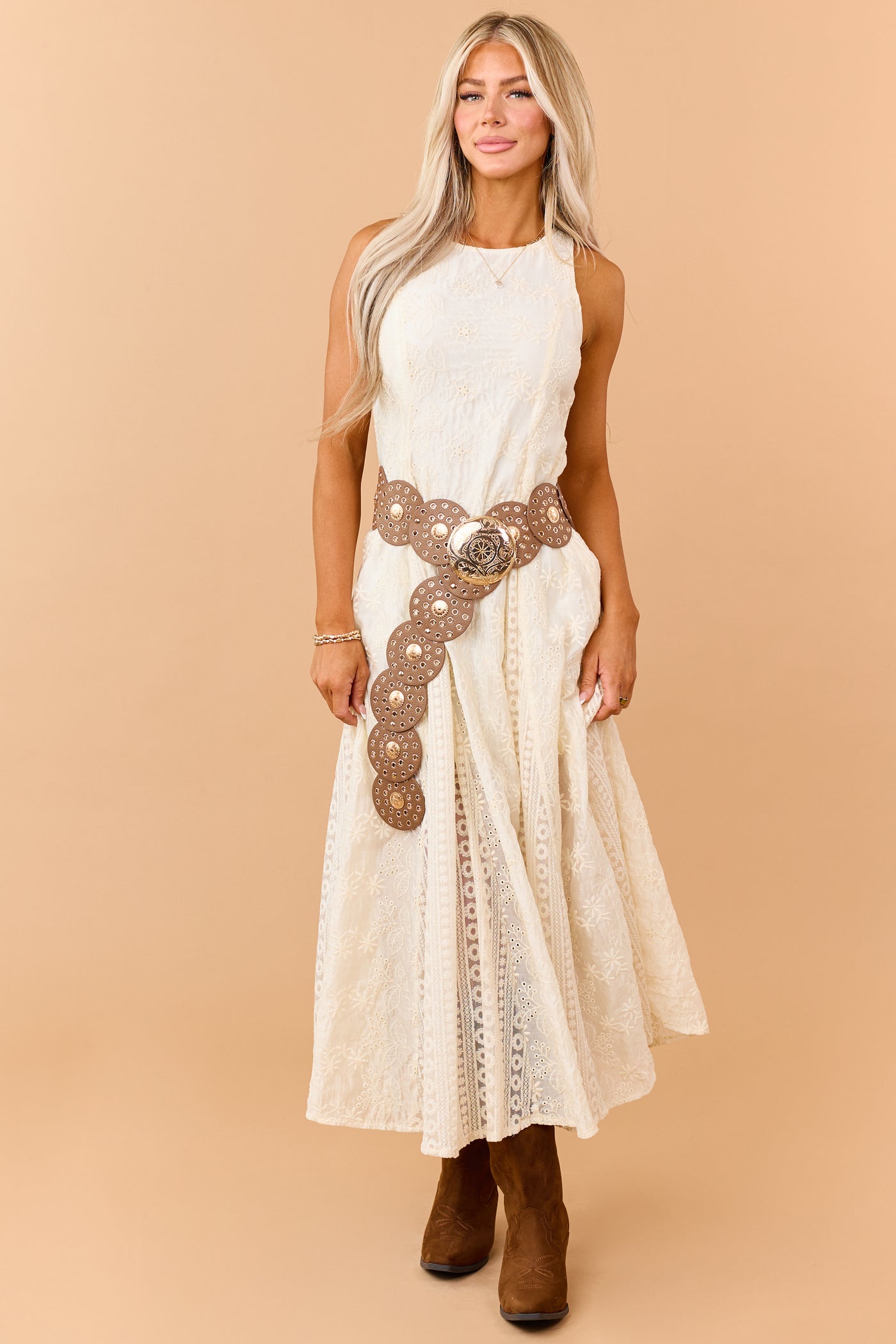 Cream Eyelet Lace Embroidered Sleeveless Maxi Dress