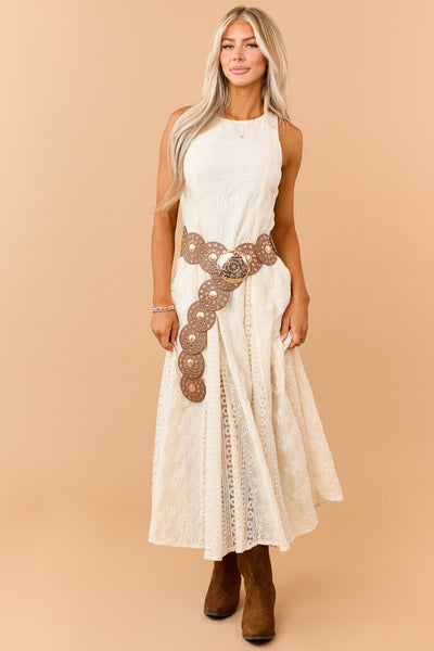 Cream Eyelet Lace Embroidered Sleeveless Maxi Dress