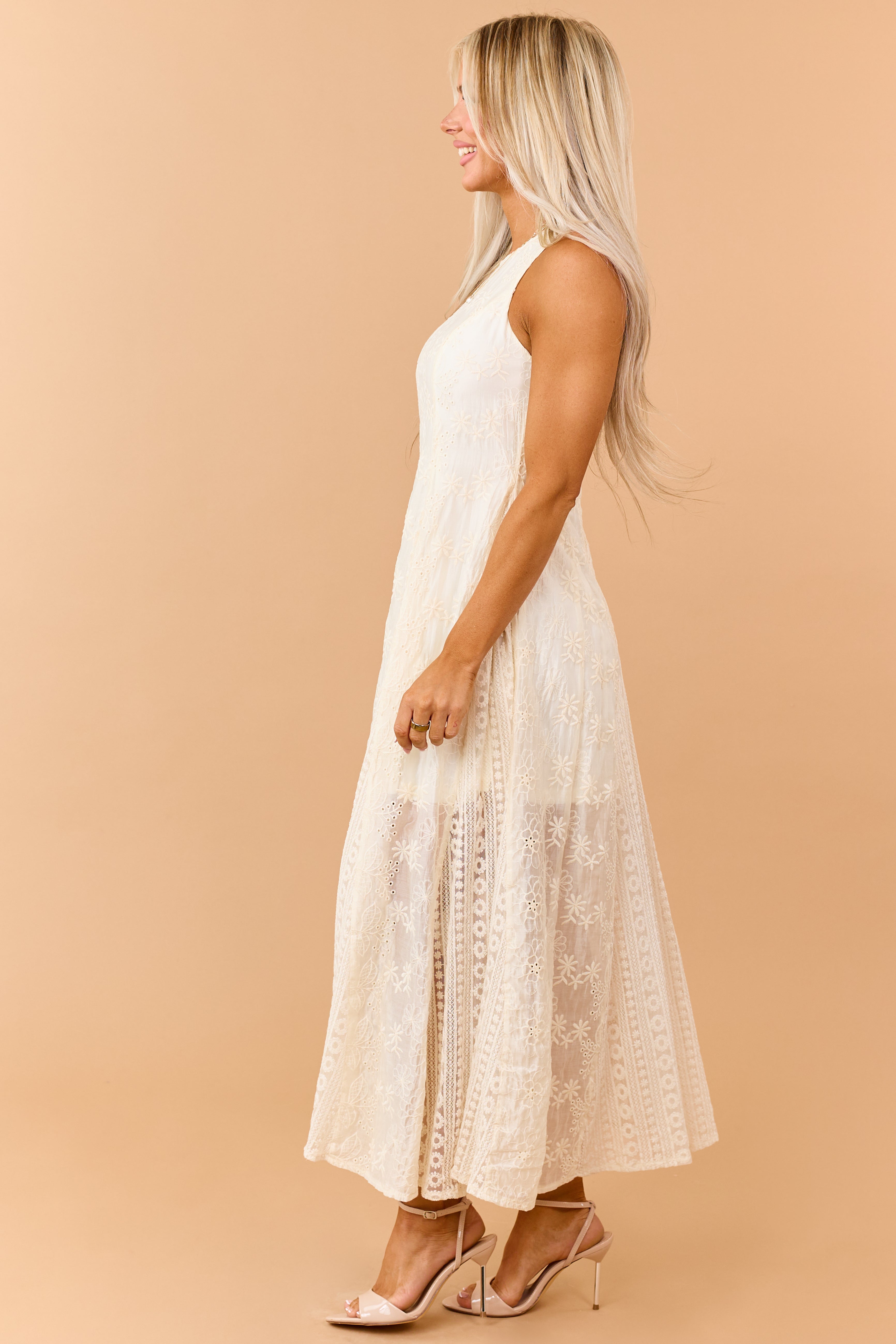 Cream Eyelet Lace Embroidered Sleeveless Maxi Dress