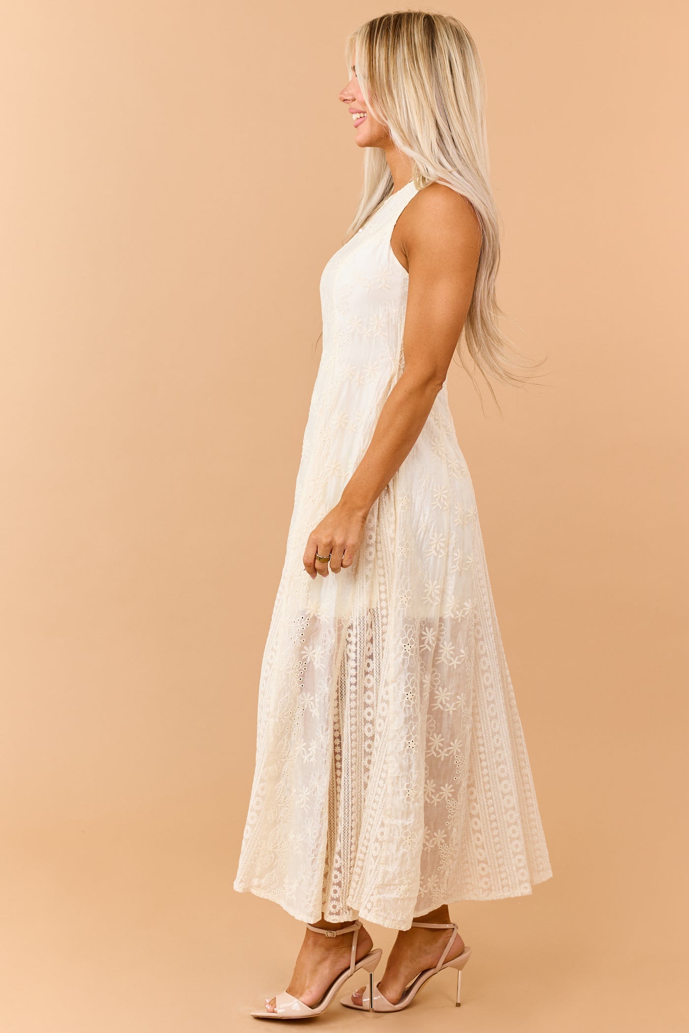 Cream Eyelet Lace Embroidered Sleeveless Maxi Dress