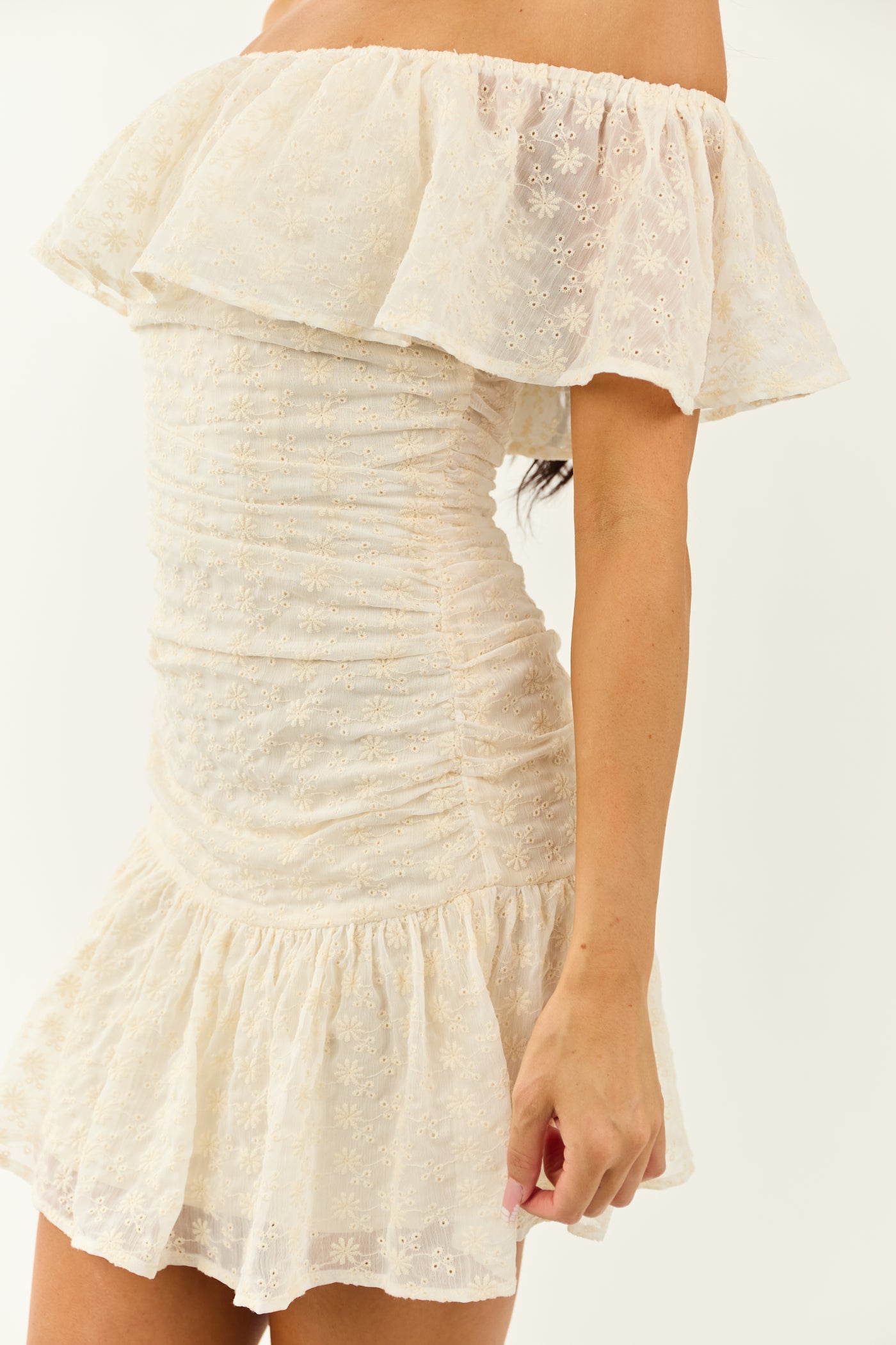 Cream Eyelet Lace Off Shoulder Ruffle Mini Dress Cream Eyelet Lace Off Shoulder Ruffle Mini Dress