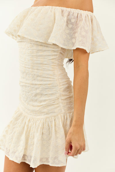 Cream Eyelet Lace Off Shoulder Ruffle Mini Dress