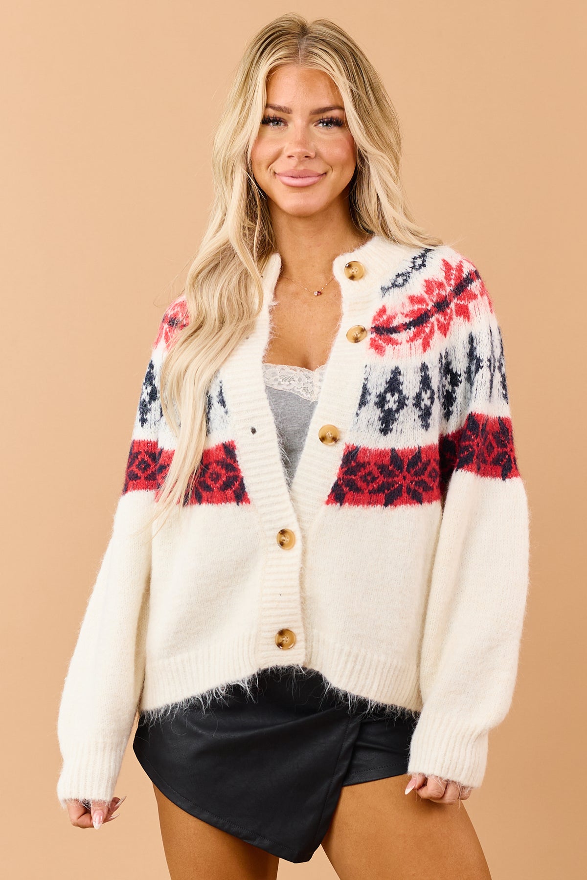 Cream Fair Isle Button Down Long Sleeve Cardigan