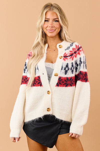 Cream Fair Isle Button Down Long Sleeve Cardigan