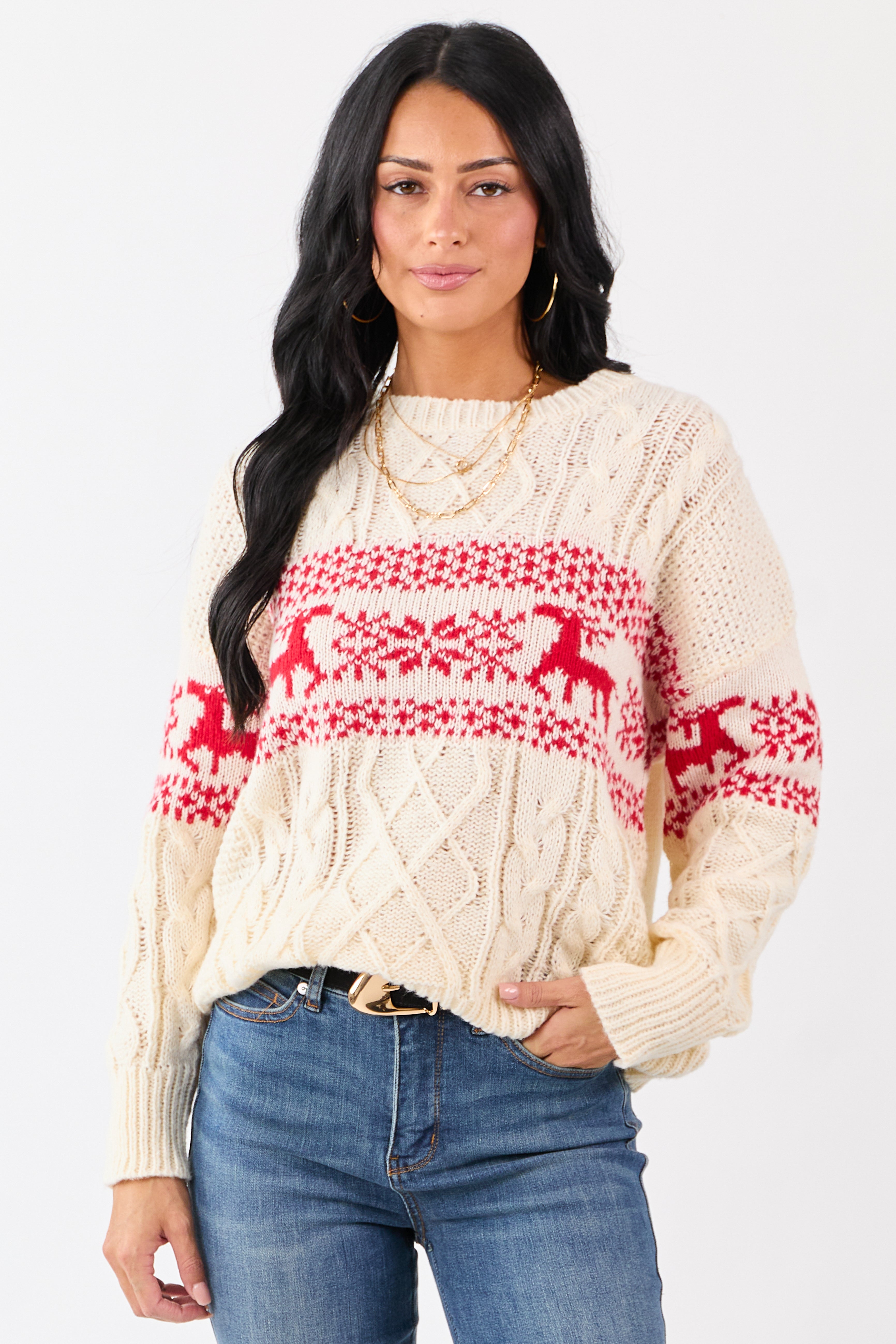 Cream Fair Isle Holiday Pattern Cable Knit Sweater | Lime Lush