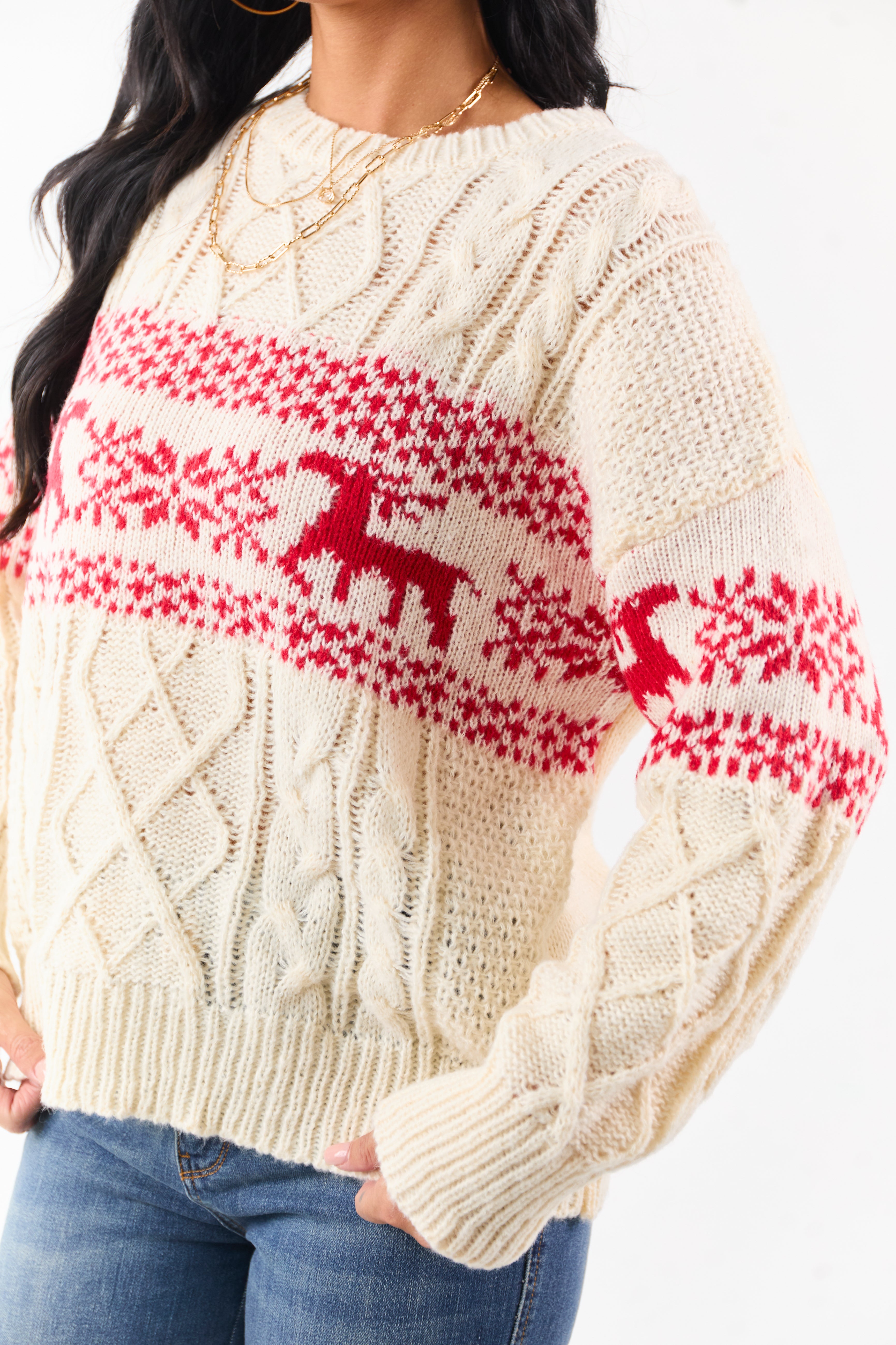 Cream Fair Isle Holiday Pattern Cable Knit Sweater