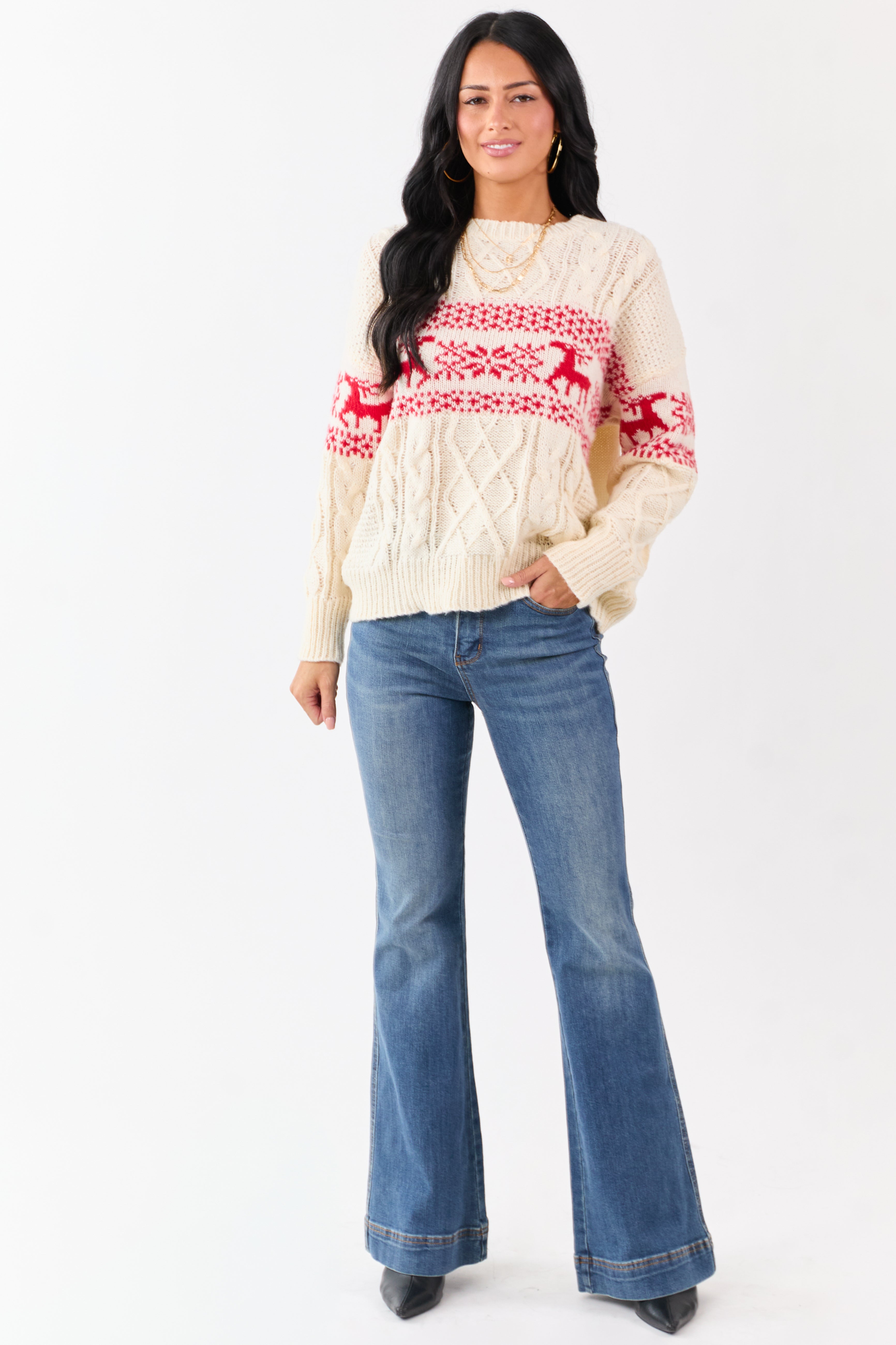 Cream Fair Isle Holiday Pattern Cable Knit Sweater