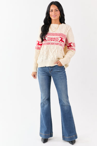 Cream Fair Isle Holiday Pattern Cable Knit Sweater