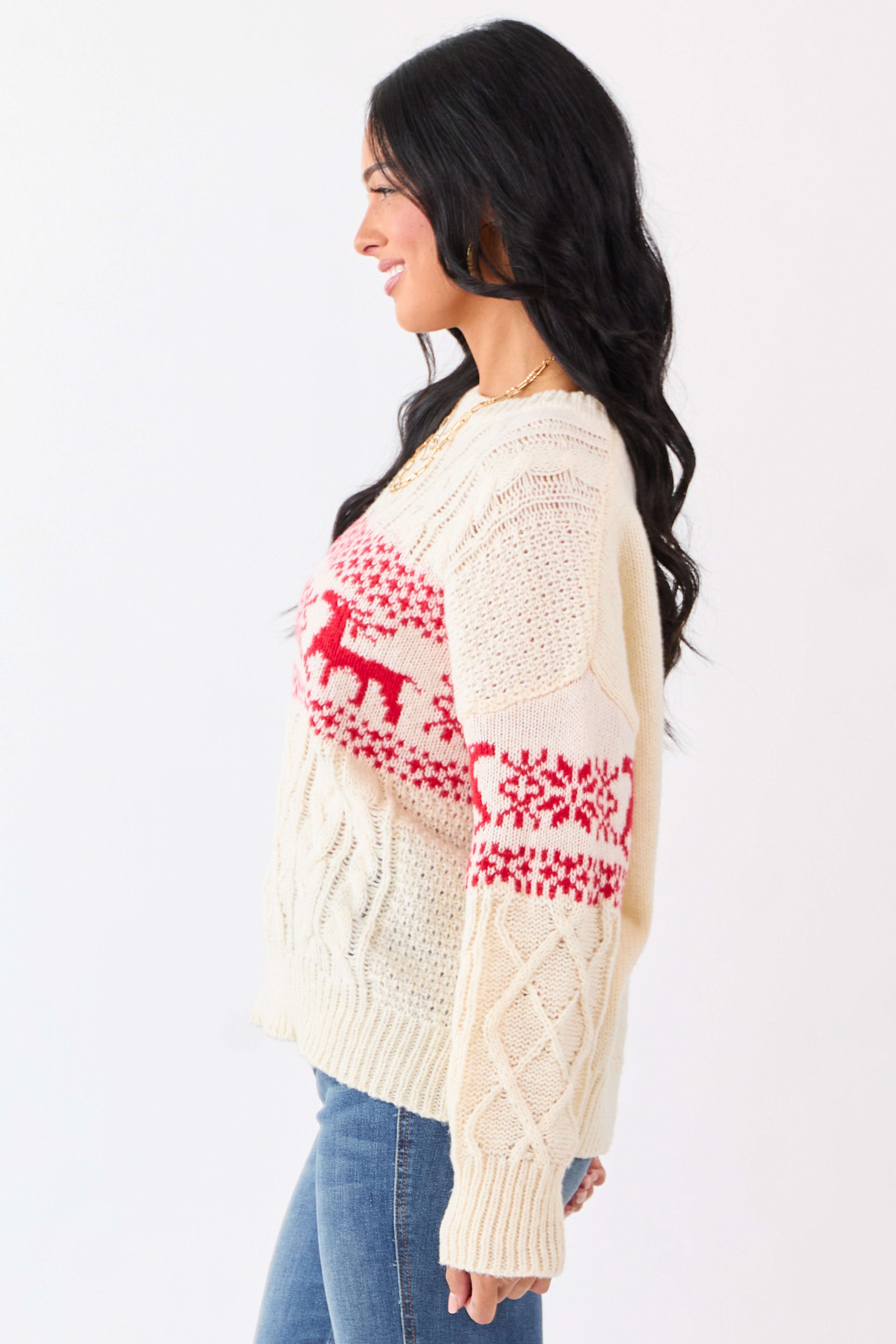Cream Fair Isle Holiday Pattern Cable Knit Sweater