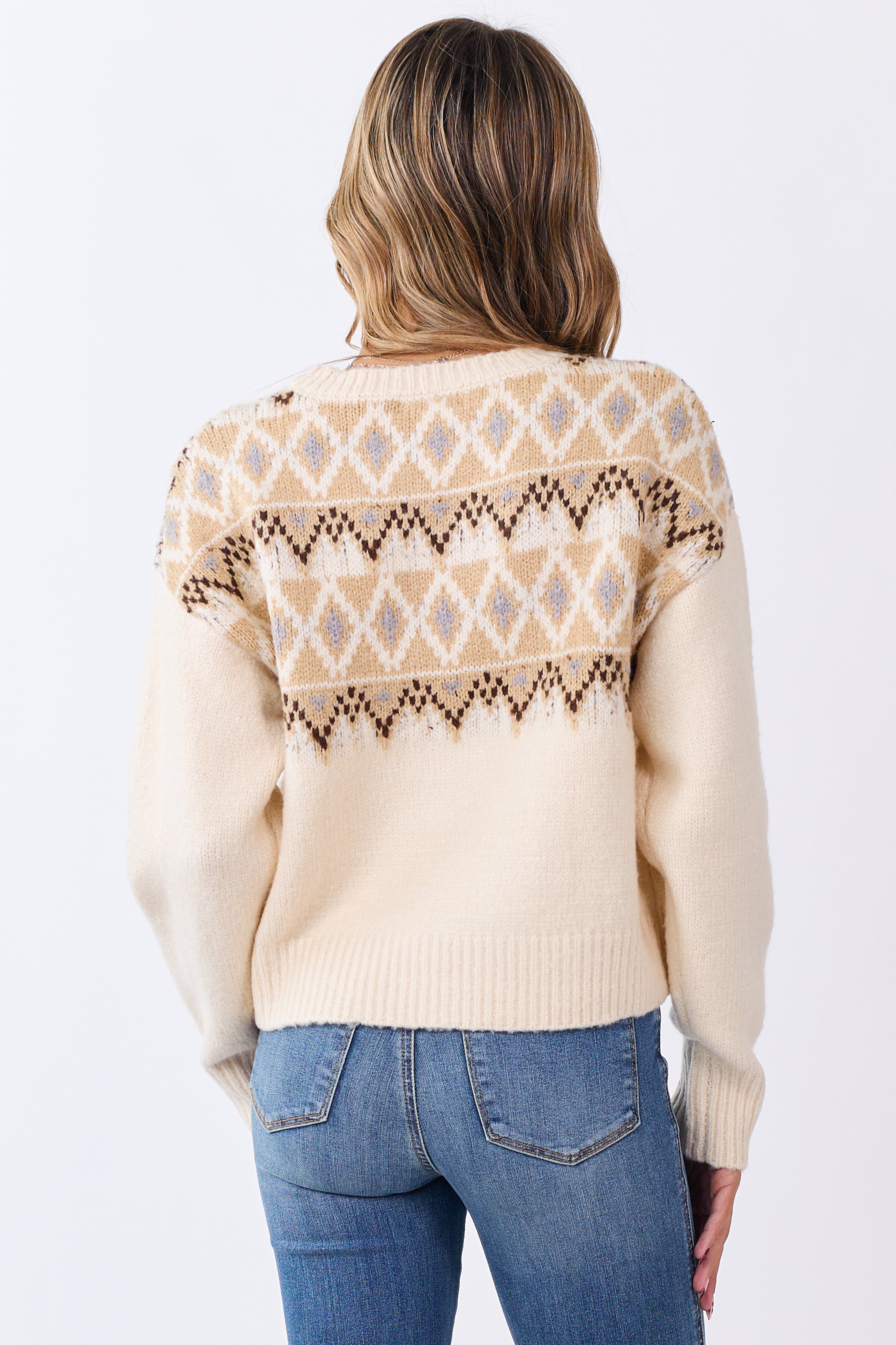 Cream Fair Isle Knit Crew Neck Long Sleeve Sweater | Lime Lush