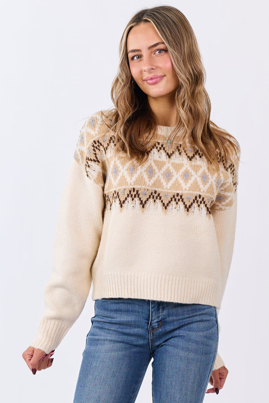Cream Fair Isle Knit Crew Neck Long Sleeve Sweater