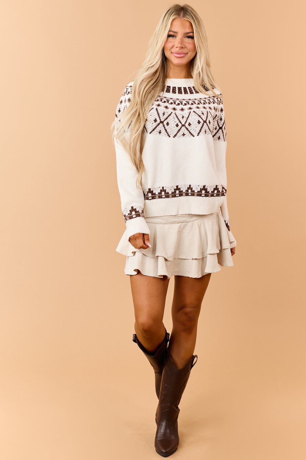 Cream Fair Isle Long Sleeve Crew Neck Sweater