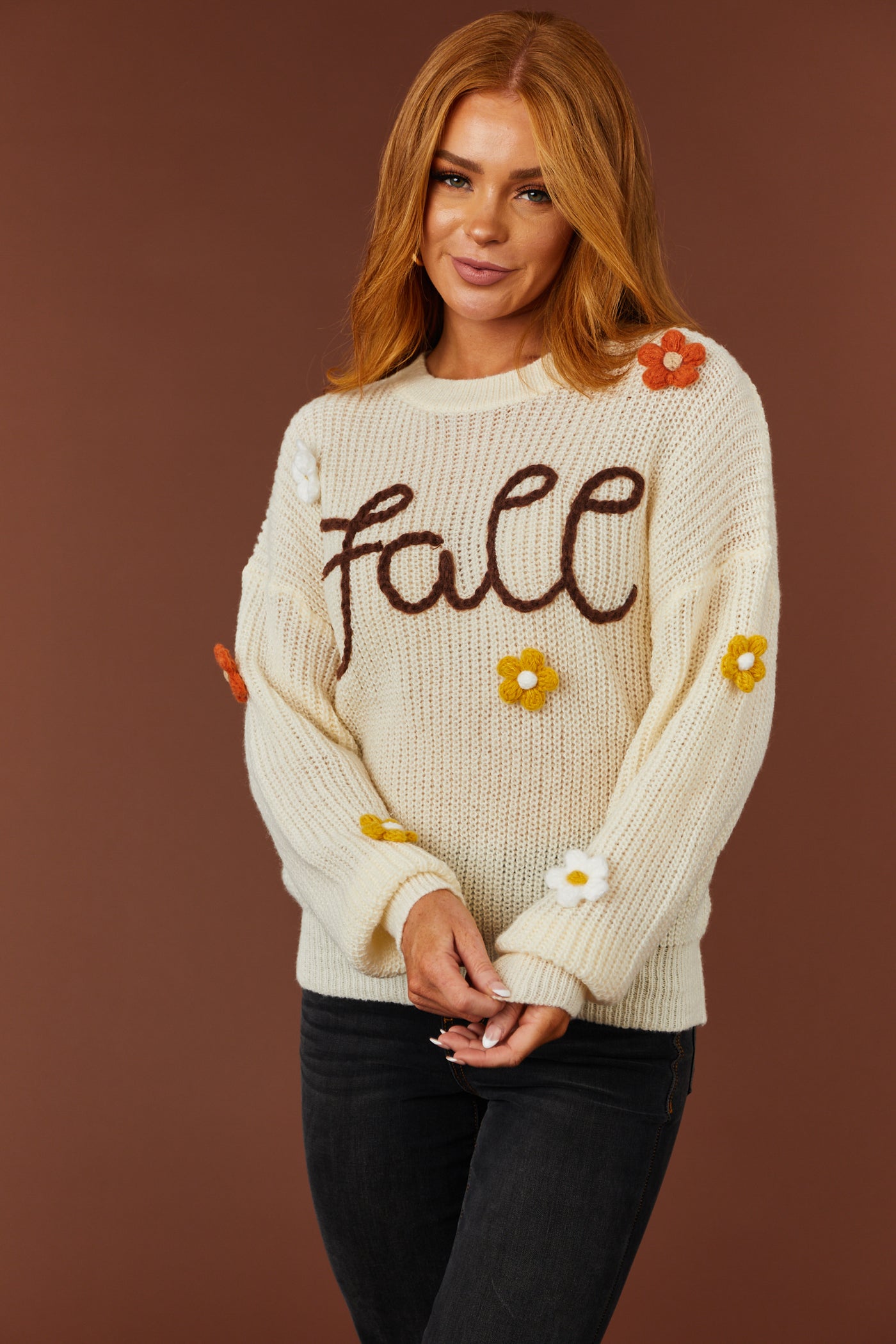 Cream 'Fall' Yard Stitching Long Sleeve Sweater
