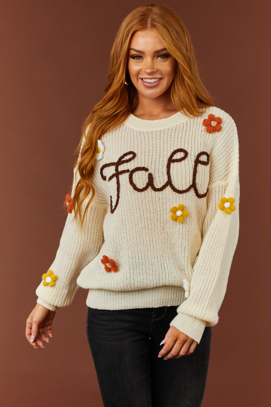 Cream 'Fall' Yard Stitching Long Sleeve Sweater