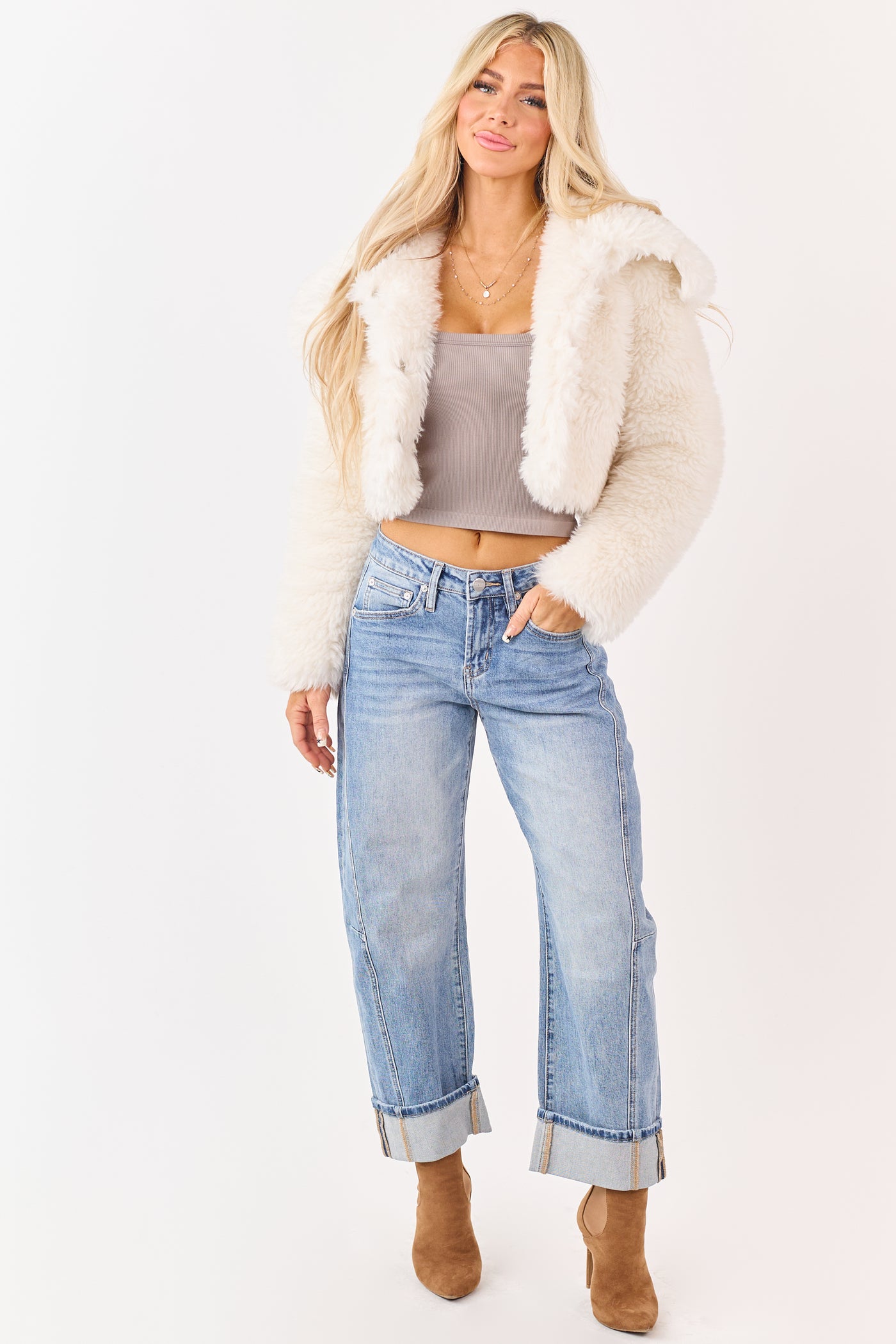 Cream Faux Fur Cropped Collared Button Down Jacket