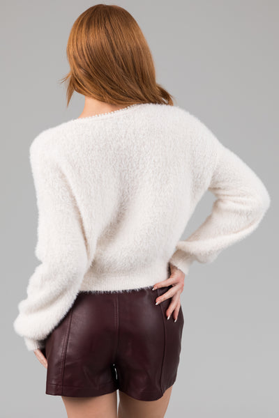 Cream Faux Fur Pearl Accent Cardigan