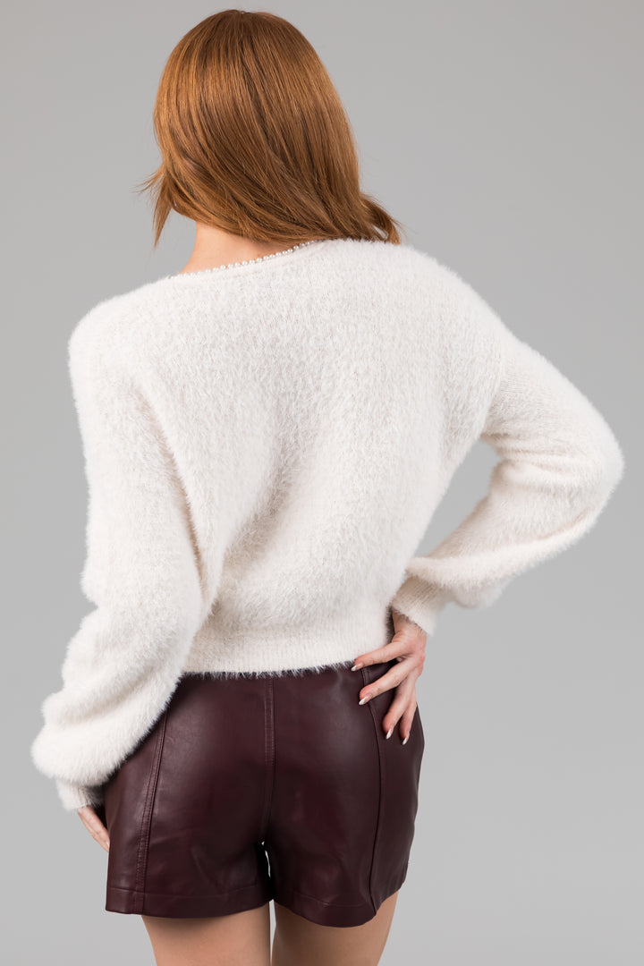 Cream Faux Fur Pearl Accent Cardigan