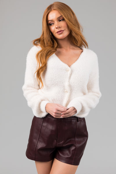 Cream Faux Fur Pearl Accent Cardigan