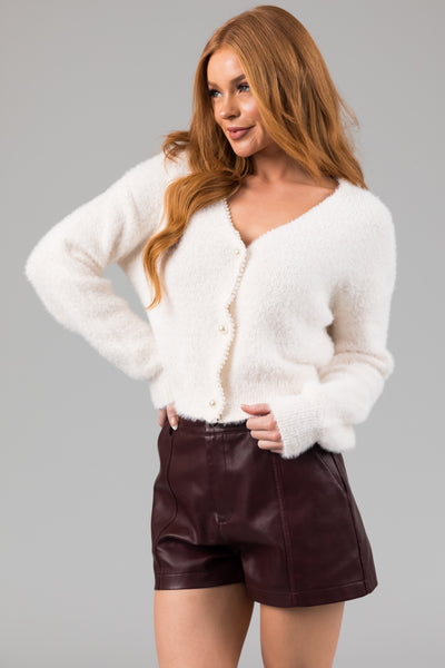 Cream Faux Fur Pearl Accent Cardigan