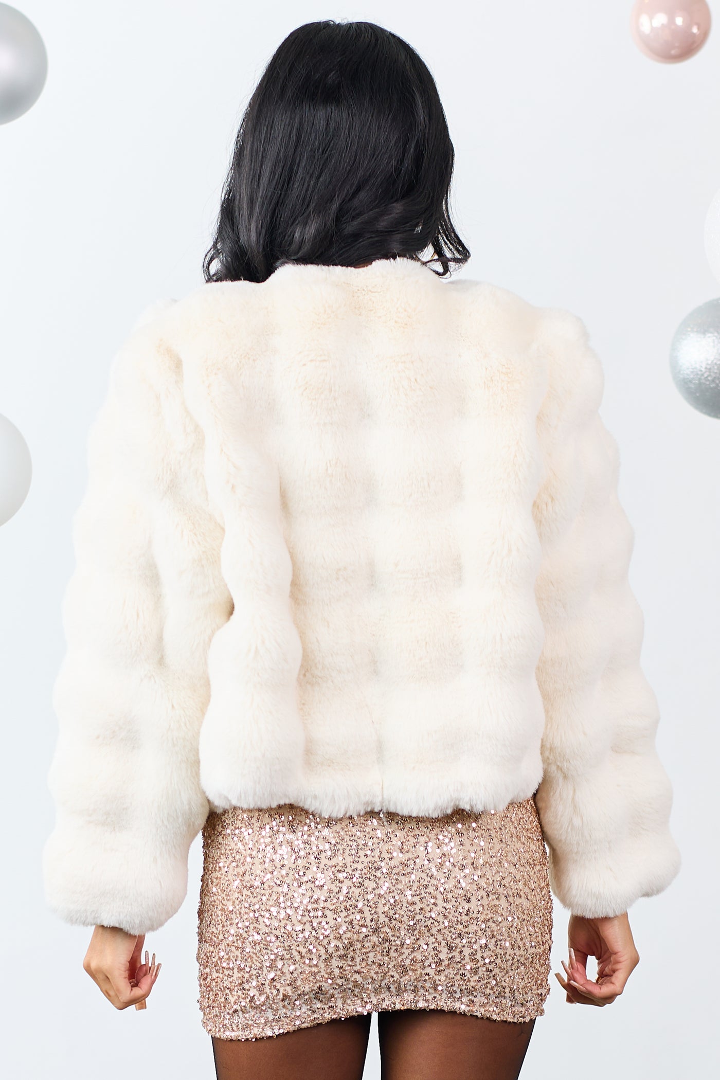 Cream Faux Fur Puff Textured Crop Jacket