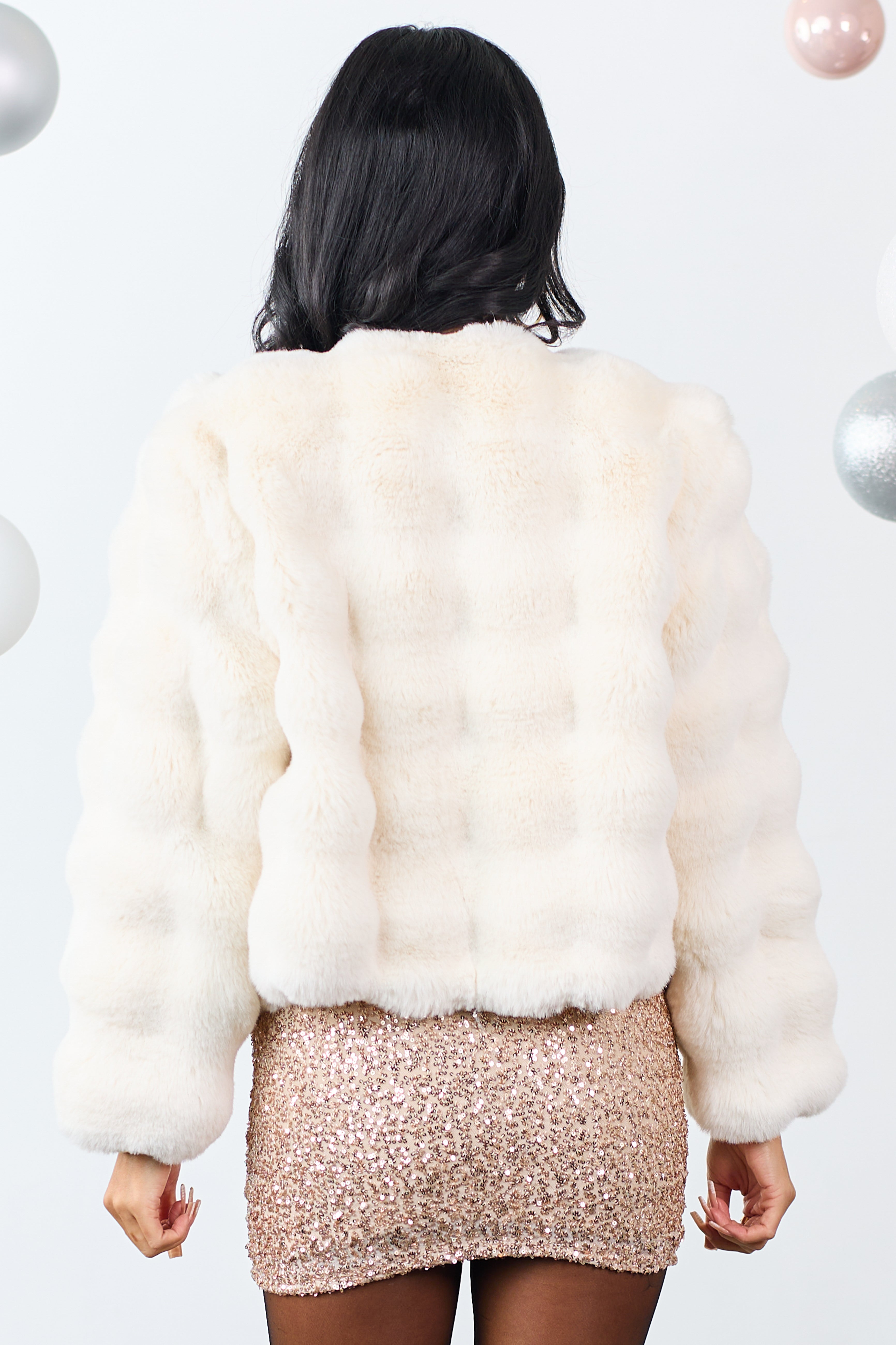 Cream Faux Fur Puff Textured Crop Jacket