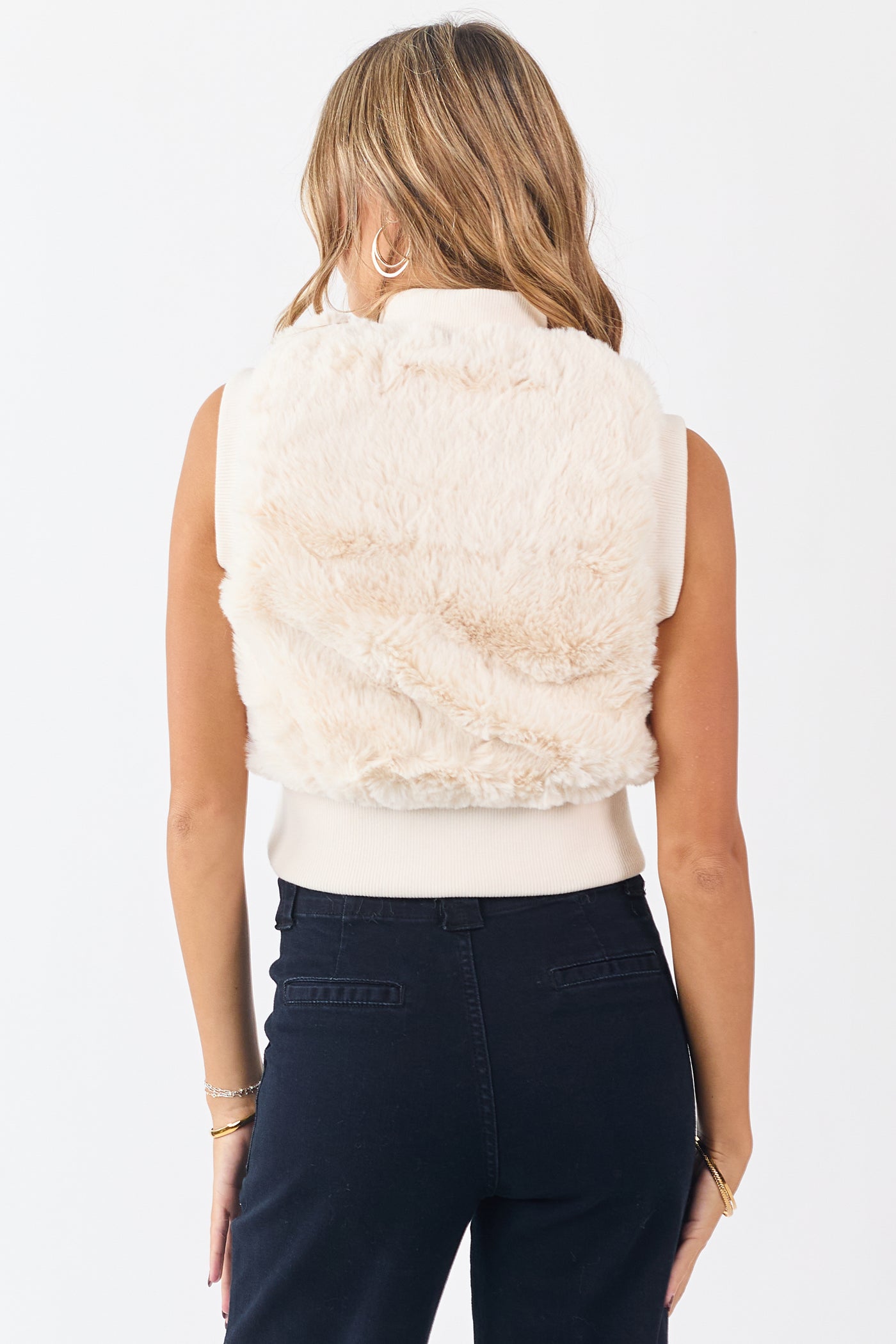 Cream Faux Fur Rib Knit Trim Zip Up Vest