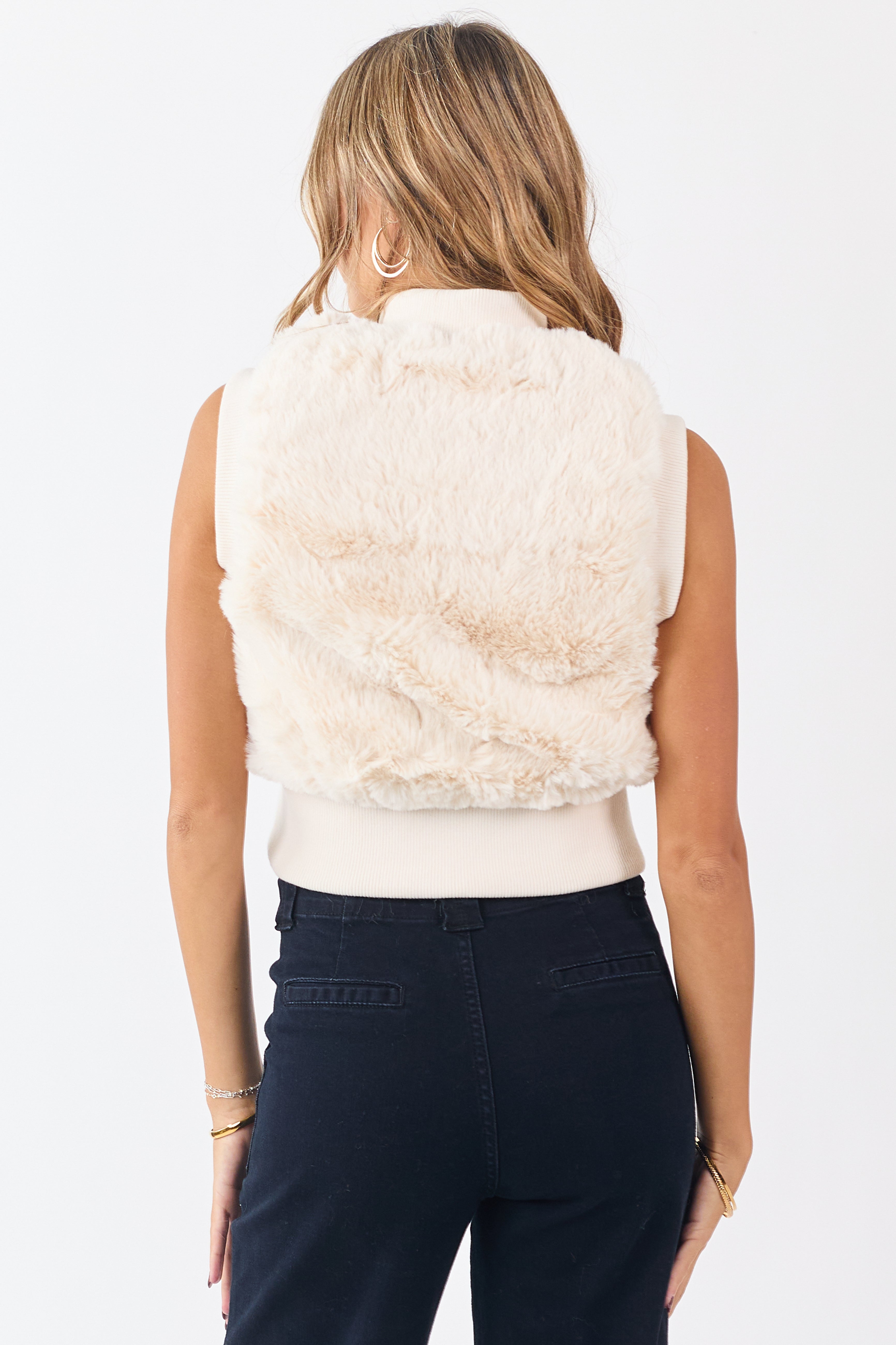 Cream Faux Fur Rib Knit Trim Zip Up Vest