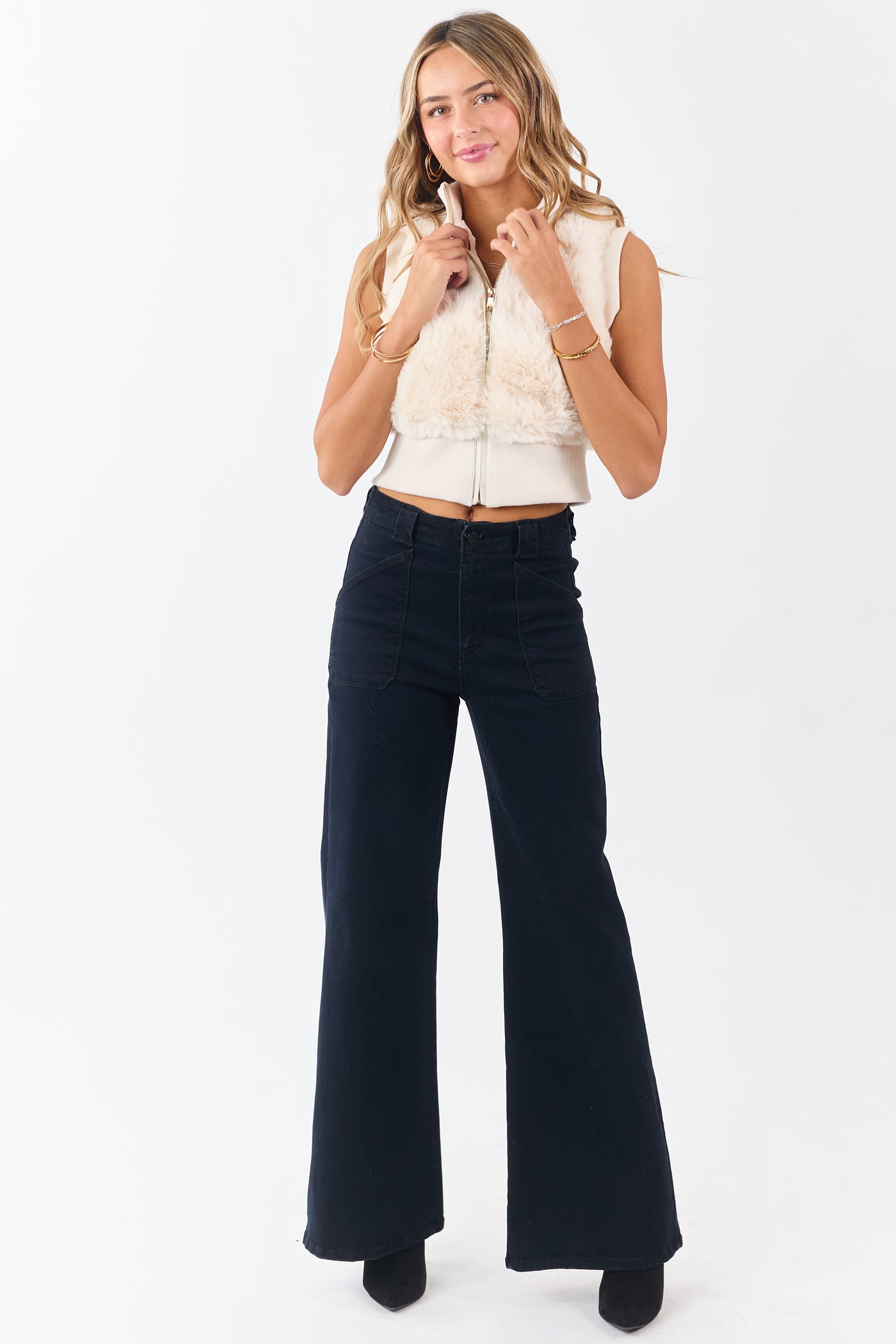 Cream Faux Fur Rib Knit Trim Zip Up Vest