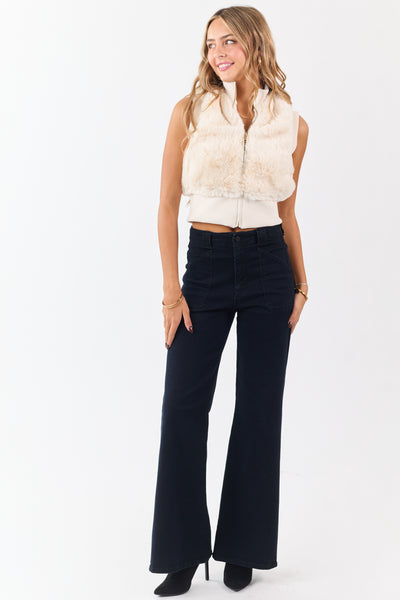 Cream Faux Fur Rib Knit Trim Zip Up Vest
