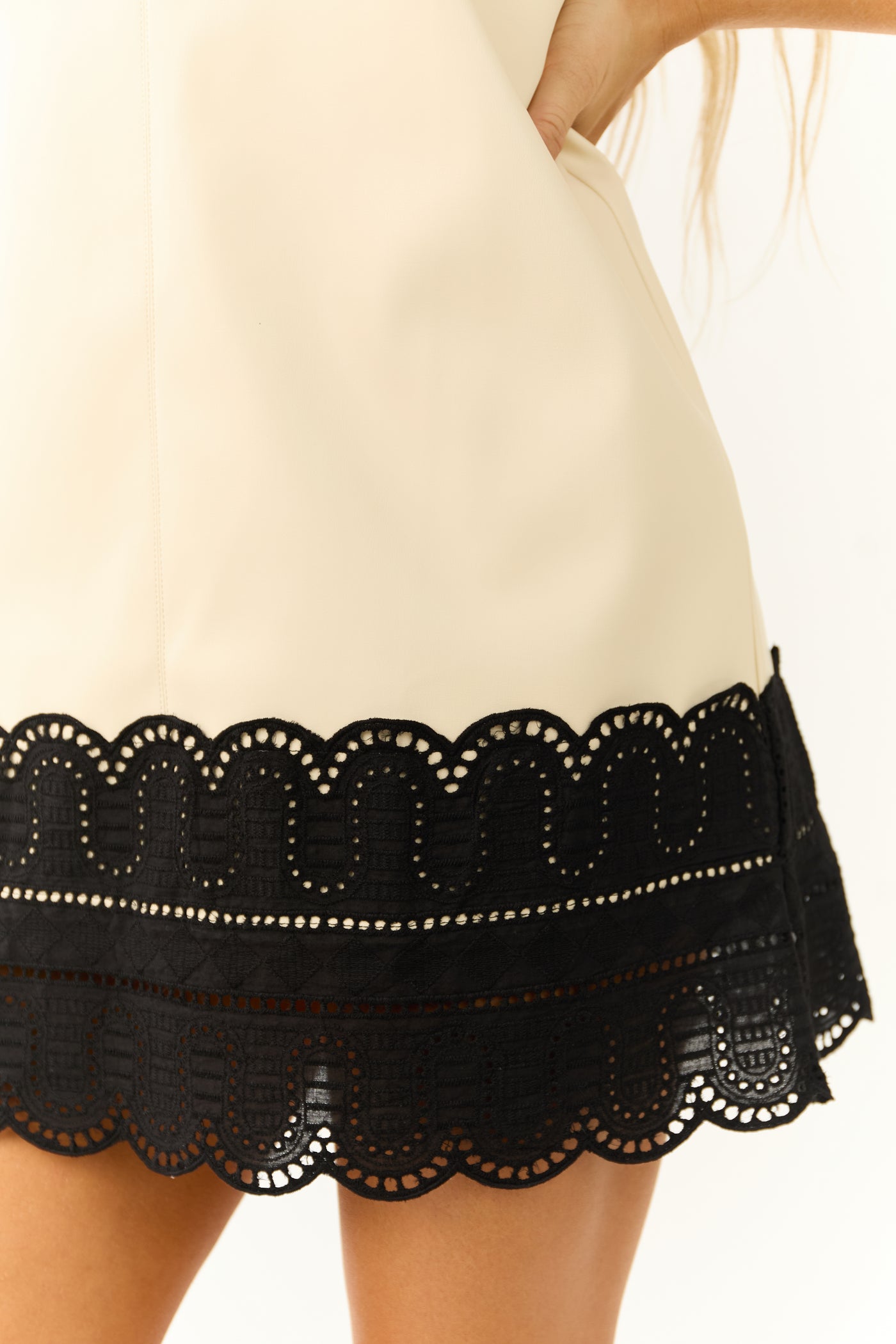 Cream Faux Leather Contrast Lace Hem Mini Dress - S Cream Faux Leather Contrast Lace Hem Mini Dress - S