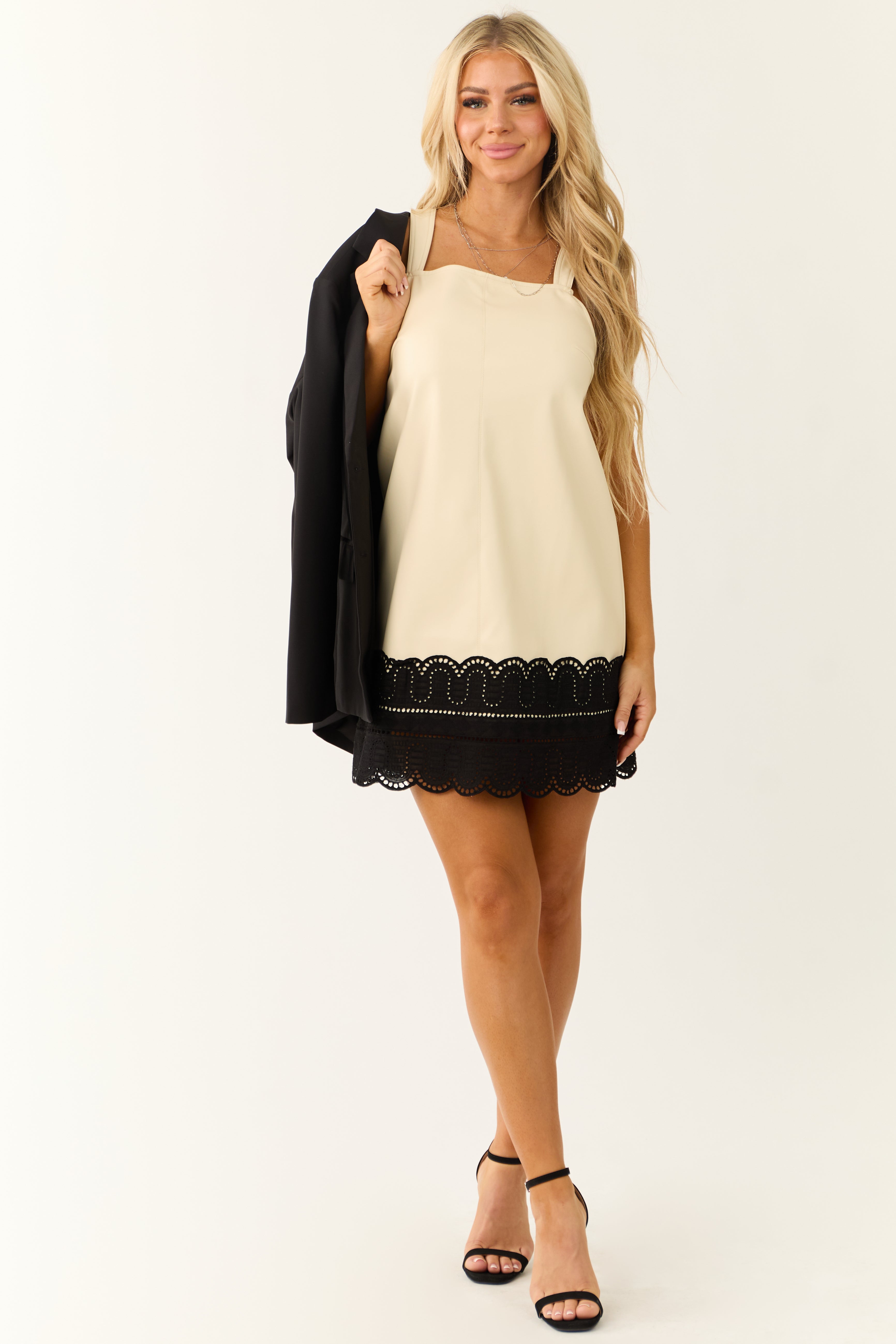 Cream Faux Leather Contrast Lace Hem Mini Dress - S Cream Faux Leather Contrast Lace Hem Mini Dress - S