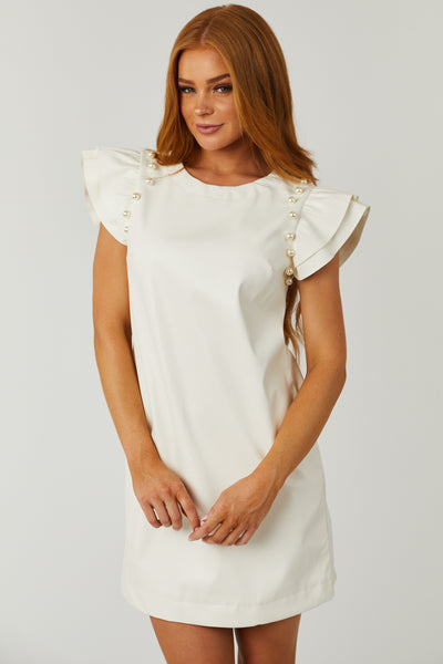 Cream Faux Leather Pearl Shoulder Detail Mini Dress