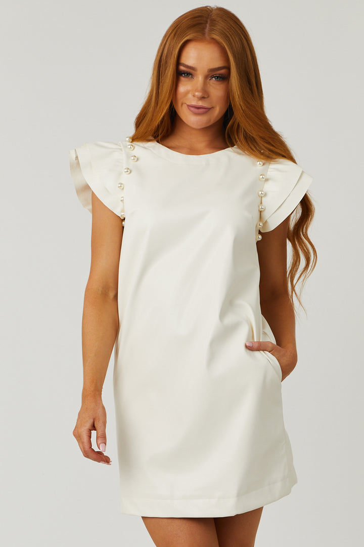 Cream Faux Leather Pearl Shoulder Detail Mini Dress