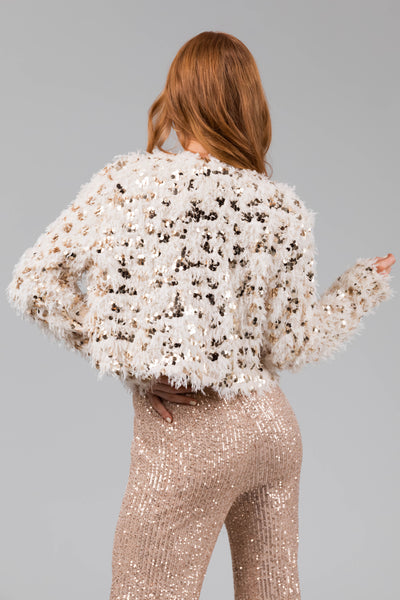 Cream Feathered Gold Sequin Cropped Cardigan