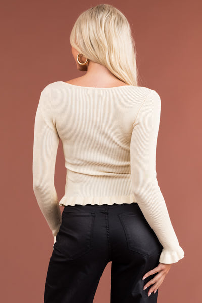 Cream Fitted Ribbed Knit Top with Ruffle Trim