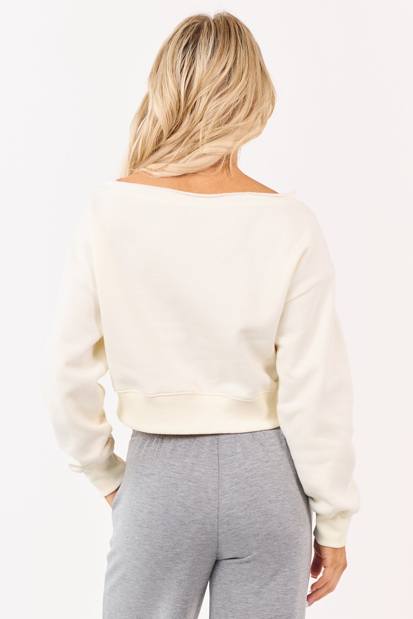 Cream Fleece Boatneck Cropped Pullover Sweatshirt