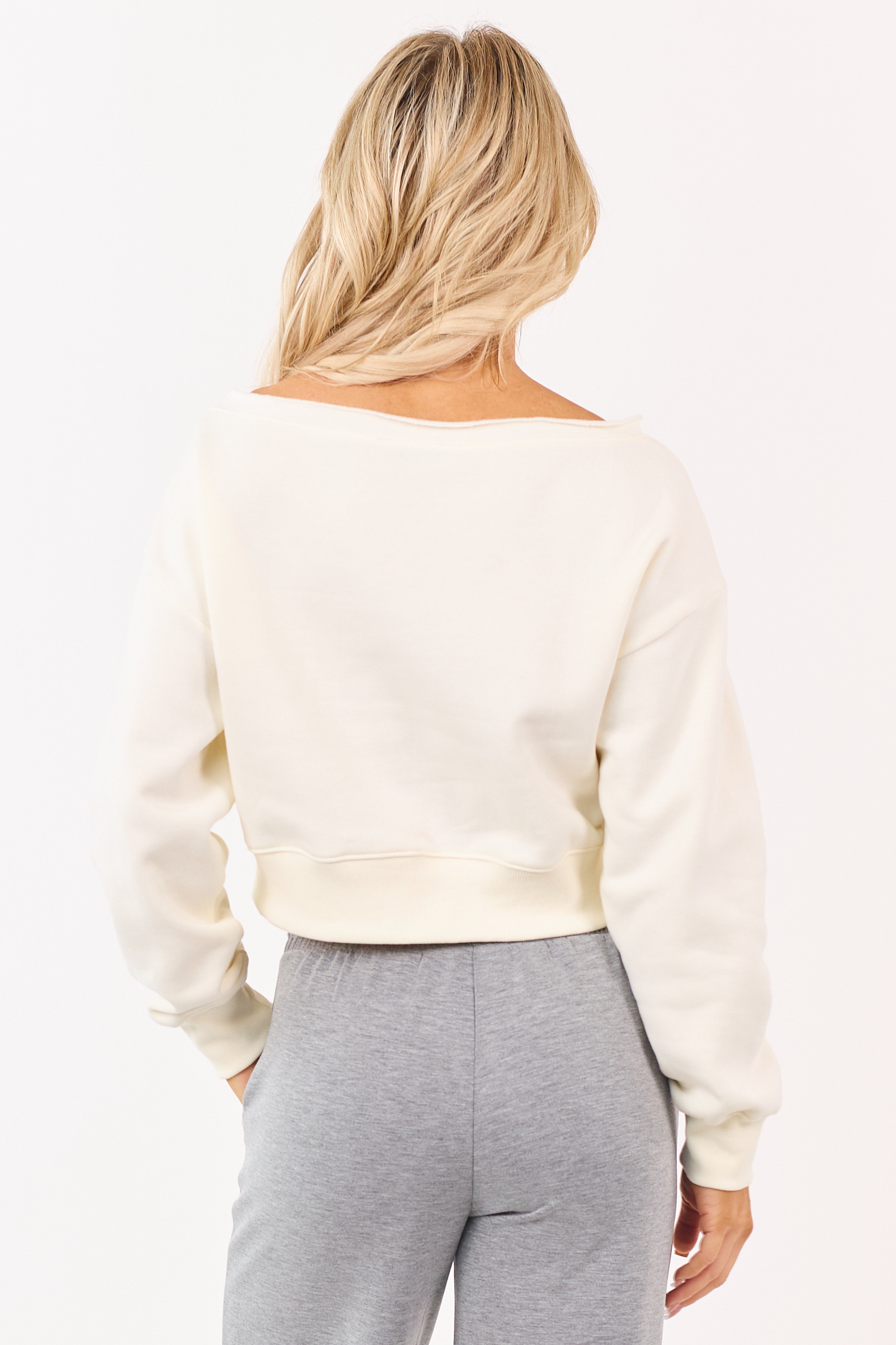 Cream Fleece Boatneck Cropped Pullover Sweatshirt