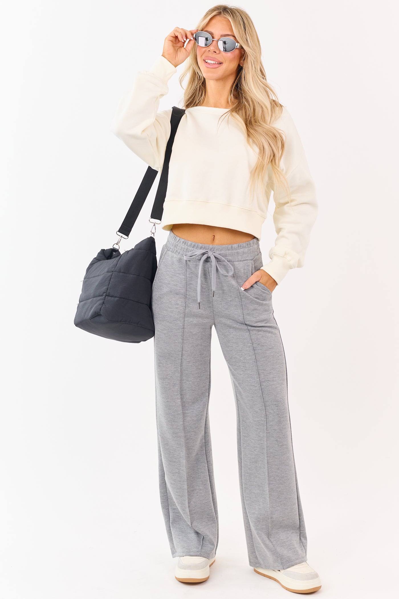 Cream Fleece Boatneck Cropped Pullover Sweatshirt