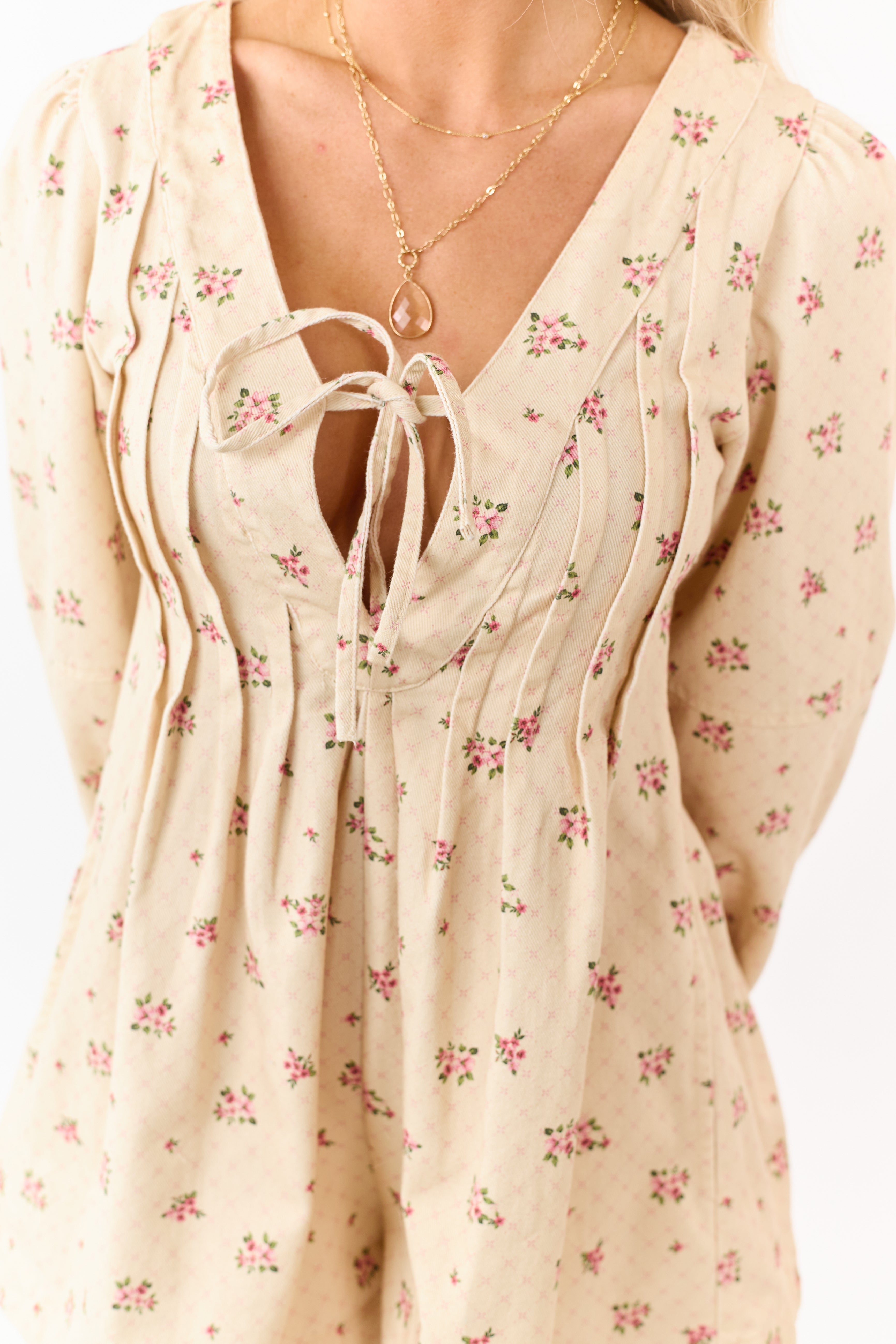 Cream Floral Denim Pintuck Long Sleeve Romper | Lime Lush Boutique
