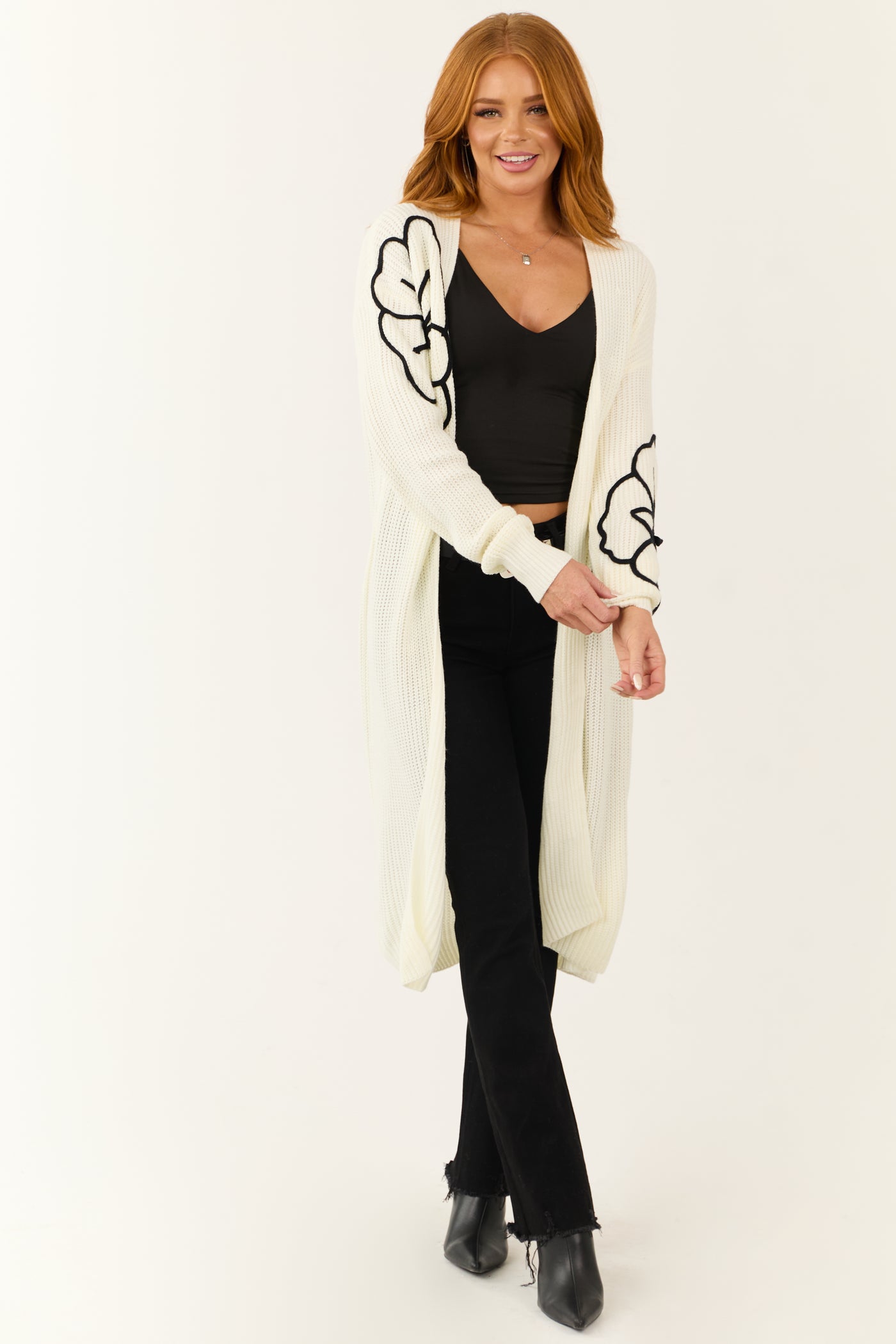 Cream Floral Detail Long Sleeve Knit Duster Cardigan Lime Lush