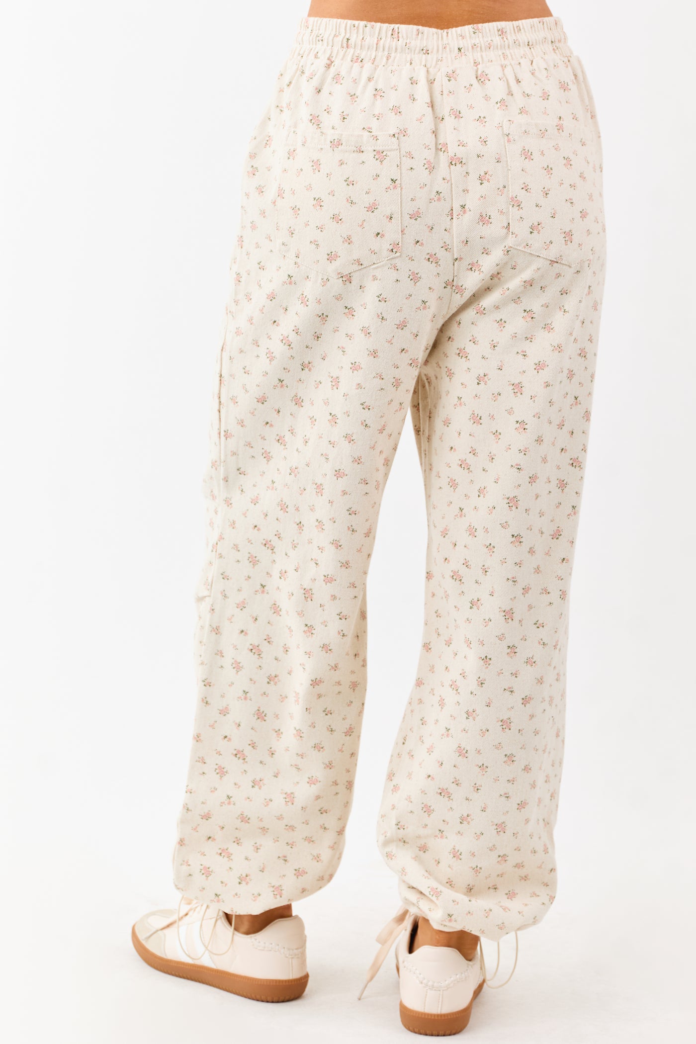 Cream Floral Drawstring Waist Denim Parachute Pants
