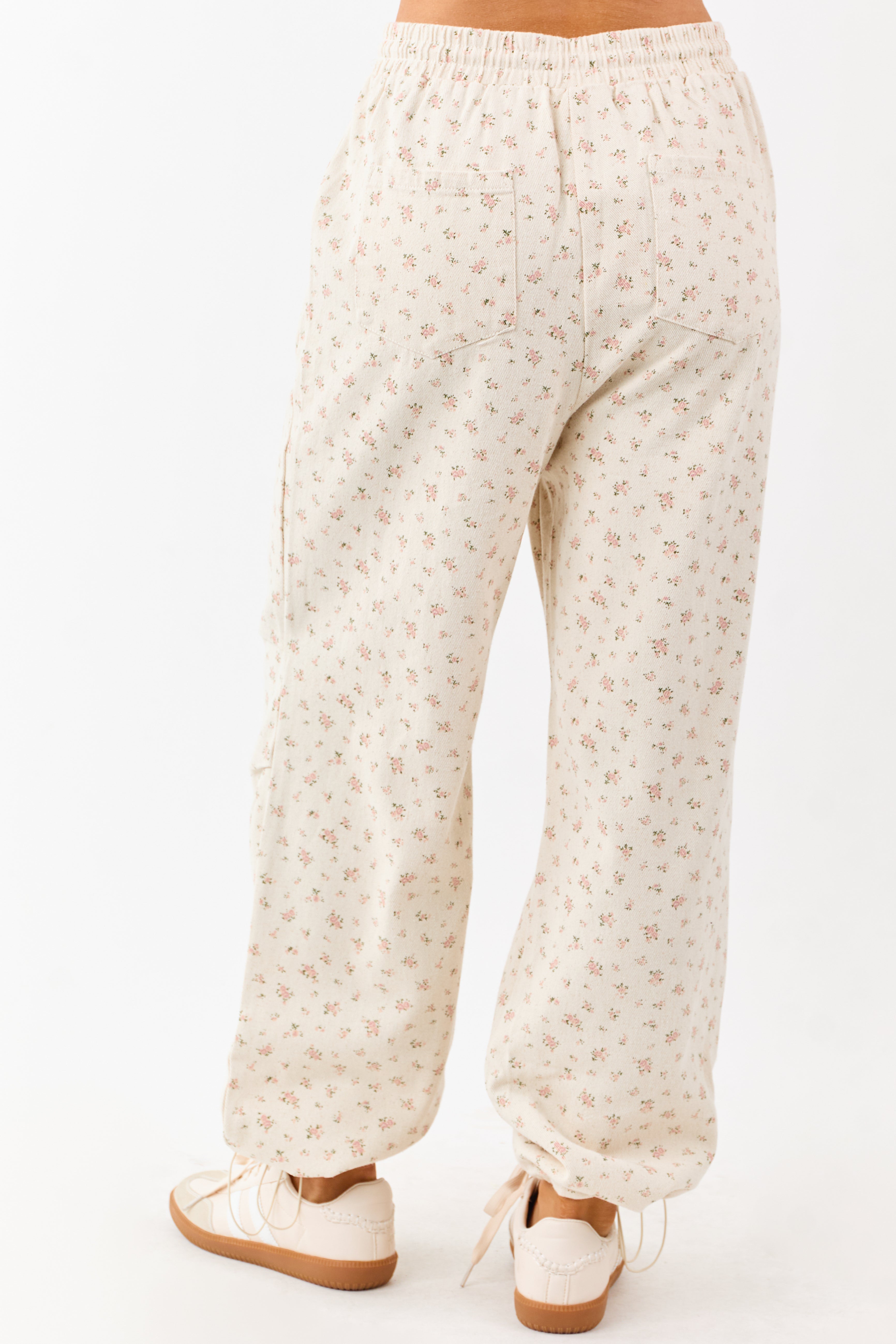 Cream Floral Drawstring Waist Denim Parachute Pants