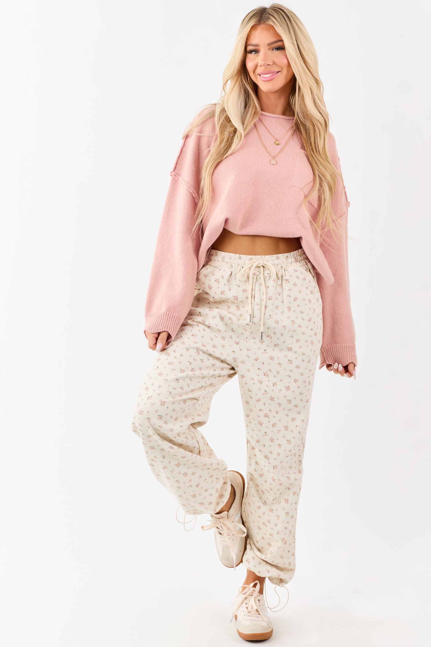 Cream Floral Drawstring Waist Denim Parachute Pants